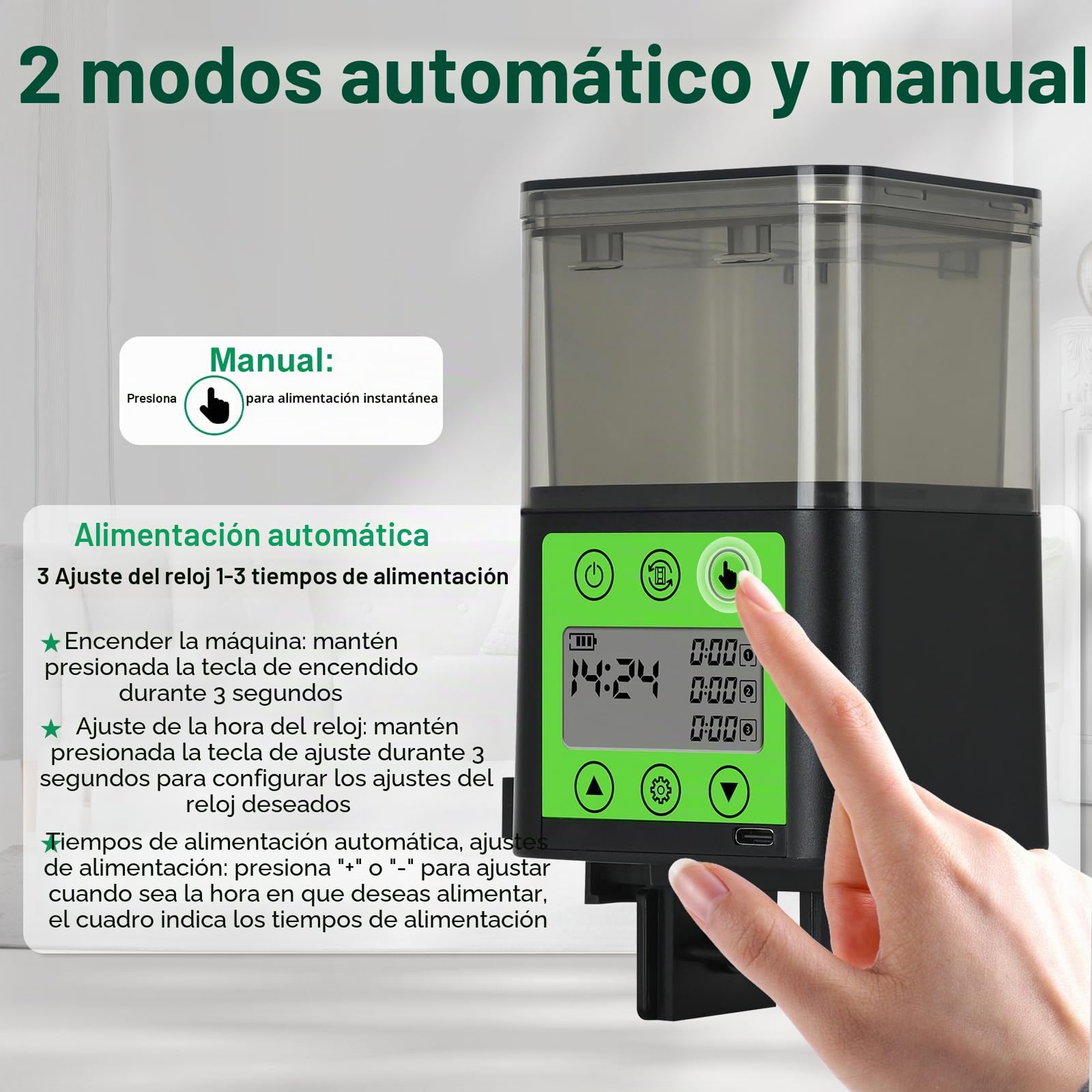 Lychee Dispensador automático de alimentos para peces recargable por USB 320 ml de gran capacidad con pantalla LCD resistente a la humedad con temporizador eléctrico