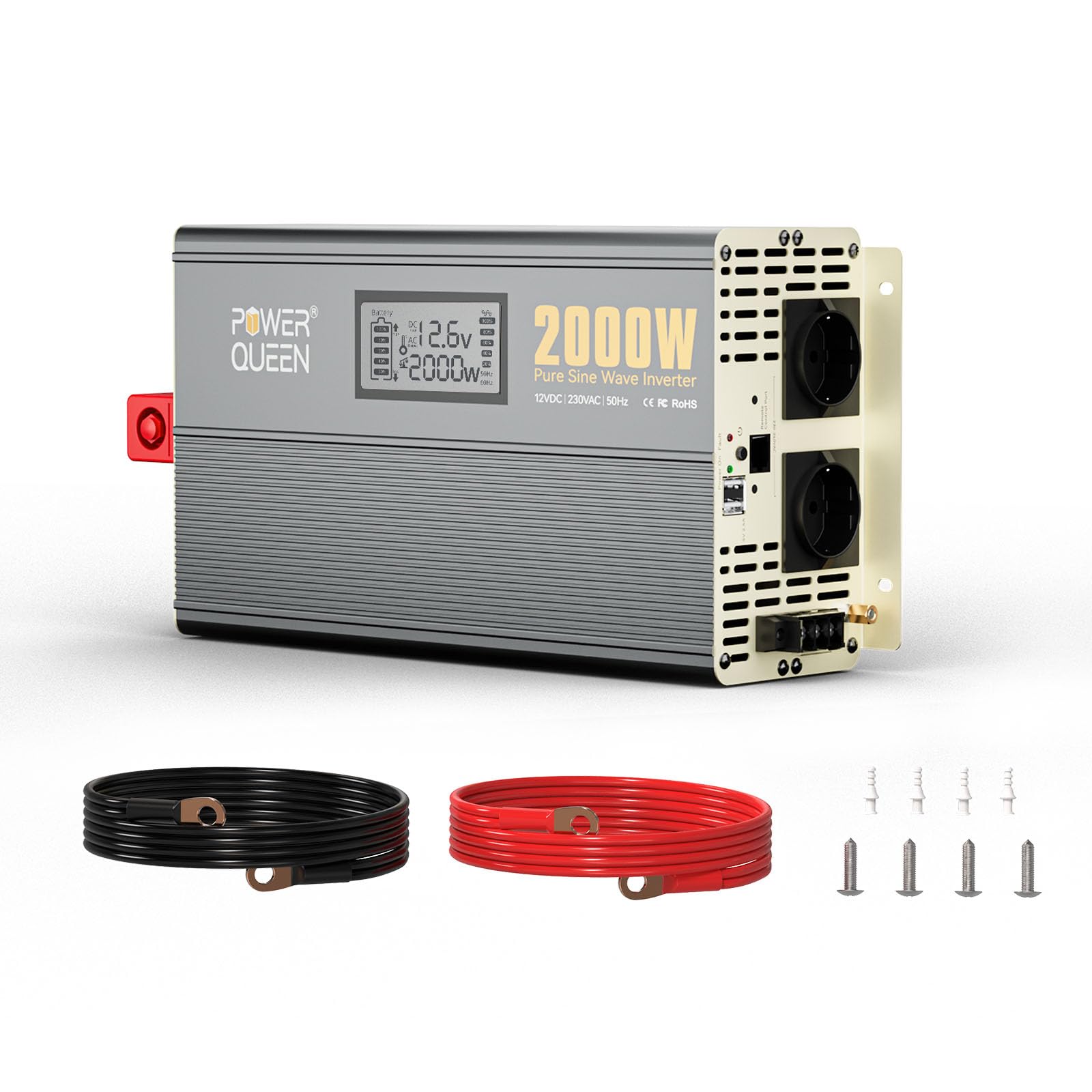 Power Queen 2000W Onde sinusoïdale pure, onduleur solaire 12V DC vers 110V-120V AC convertisseur avec 2 sorties AC, affichage LCD pour système d'alimentation solaire hors-réseau, RV, camion, appareils