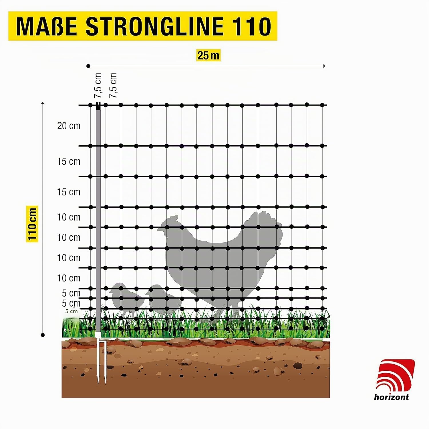 horizont eecinto per pollame strongLine 110, 9 pali in vetroresina a doppia punta lunghi 25 m, alti 110 cm, tutti senza elettricità, recinto mobile per polli