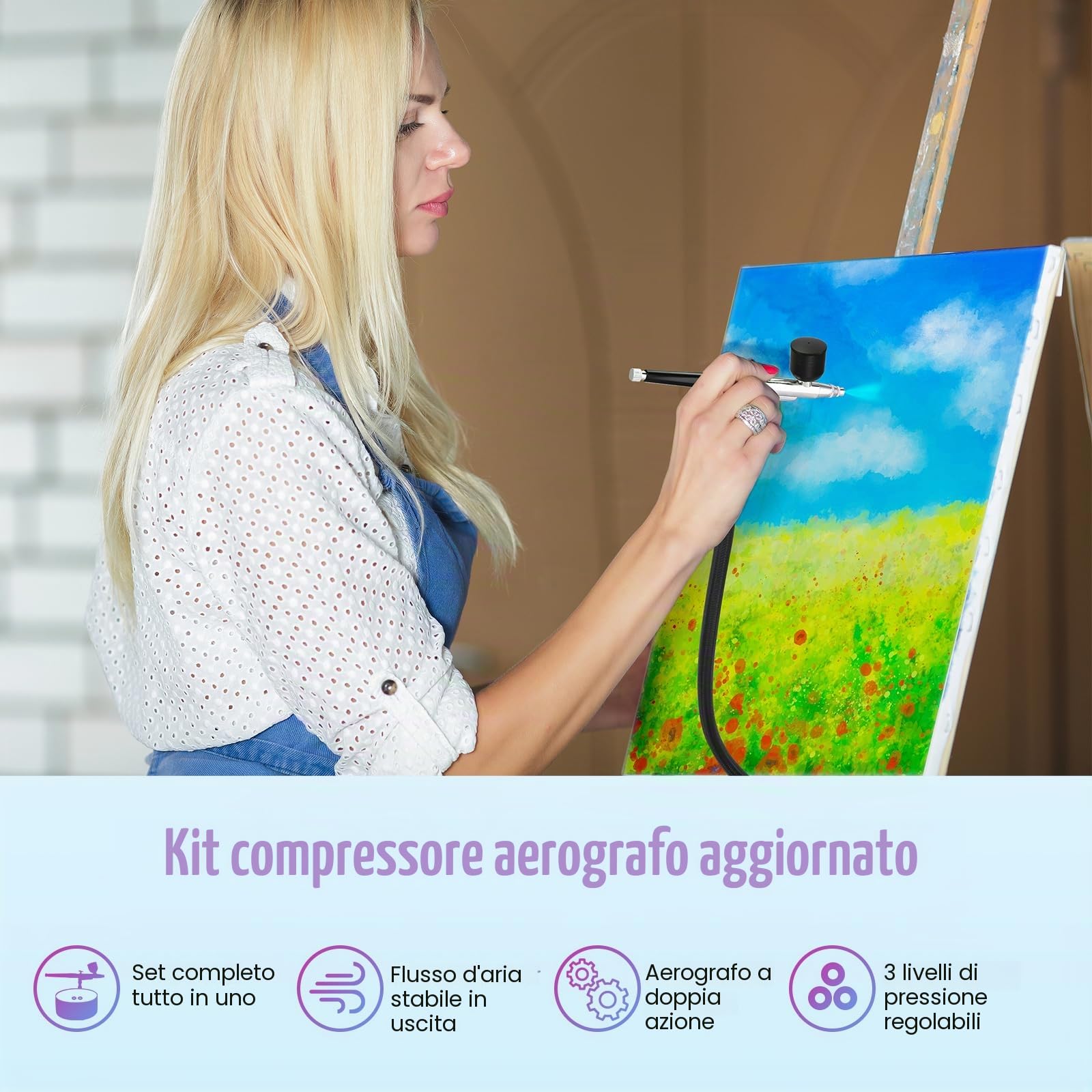 Set aerografo con compressore, 3 livelli di pressione (28/35/46 PSI), pistola aerografo con 3 ugelli (0,2/0,3/0,5 mm), perfetto per modellismo, nail art, trucco, decorazioni per torte e progetti