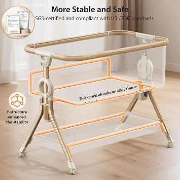 Larex Next To Me Crib,Baby Bassinet Bedside Sleeper Crib Co Sleeper with Mosquito Net, Storage Bag & Basket,Baby Crib with 5-Height Adjustable Levels, Breathable Mattress & Mesh(Khaki)