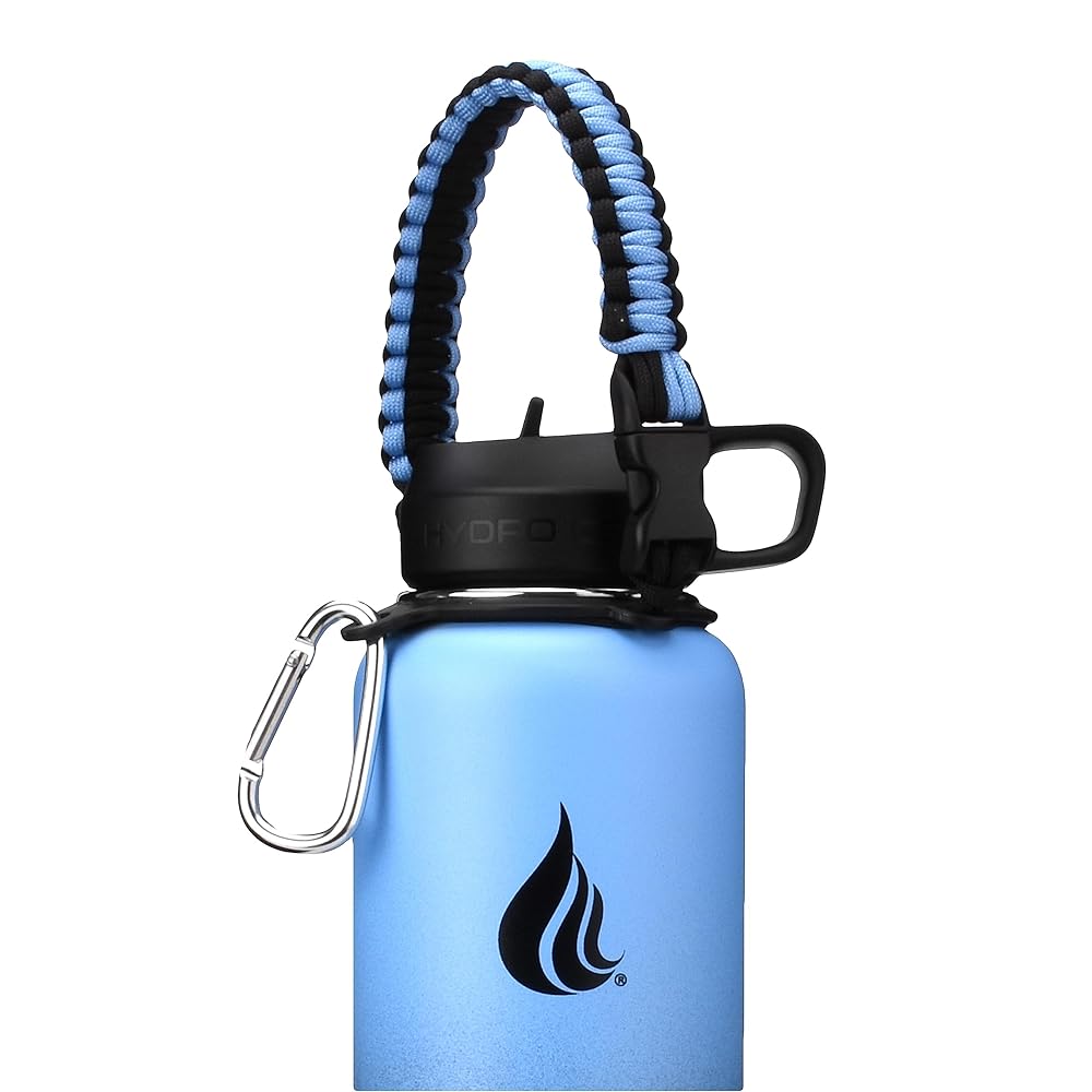 HYDRO CELL Paracord Handle for Wide Mouth Water Bottles - Carrier Strap w/Attachment Ring and Carabiner Accessory. Compatible w/ 64oz, 40oz 32oz, 24oz, 18oz, 14oz Insulated Bottles (Blue/Black)