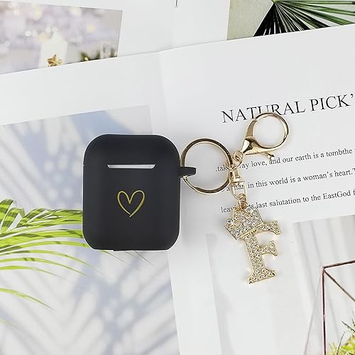 Miniatura 5 de Funda compatible con AirPods, funda de silicona suave con patrón de corazón dorado para AirPods de 2 y 1 generación, con llavero de letra A-Z con