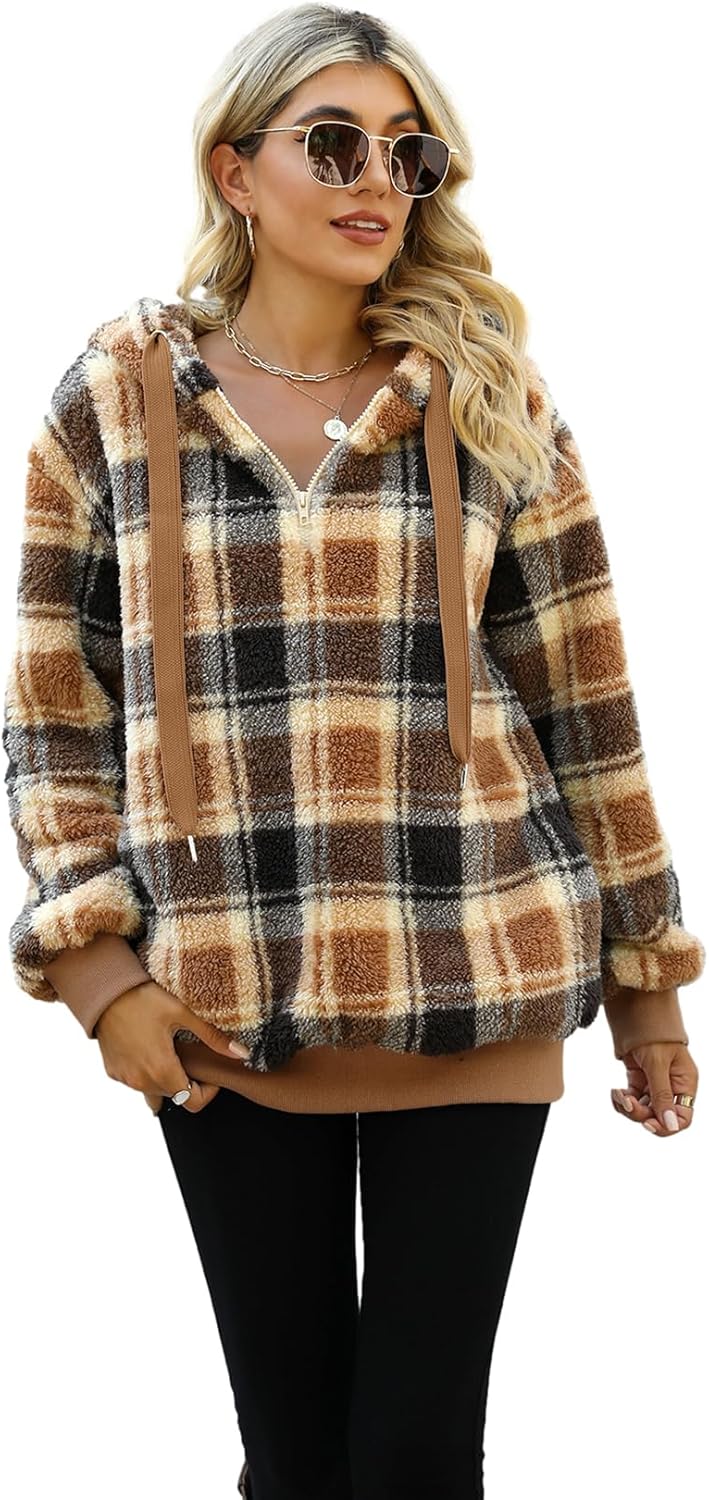 Nirovien Womens Sherpa Pullover Oversized Fuzzy Hoodie Double Fleece Sweatshirts Fluffy Plaid Outerwear Warm Coats - Image 8