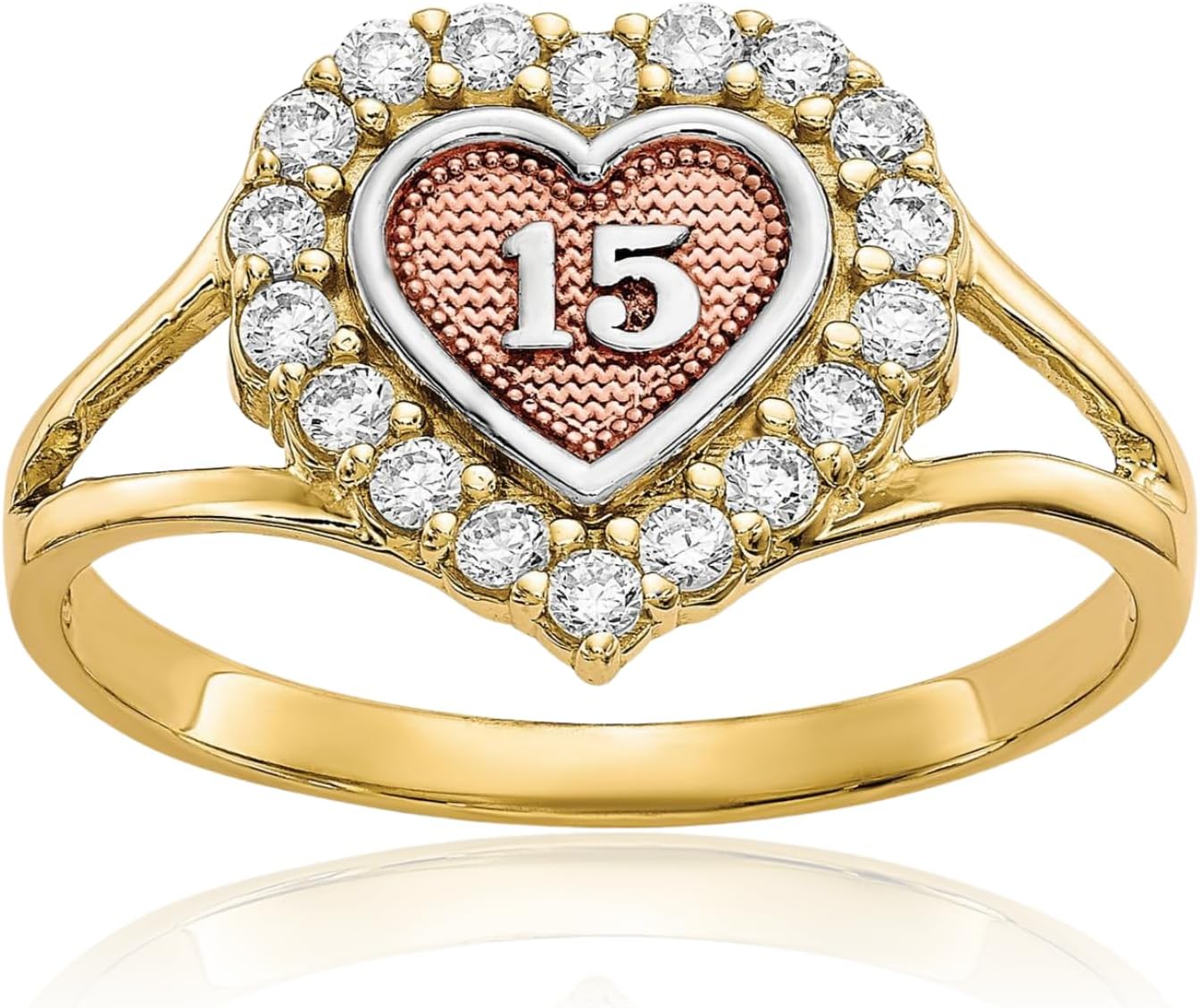 IceCarats 10K Solid Two Tone Gold Cubic Zirconia Heart Statement Halo Ring 2mm Slim Band Round Cut, Prong Set