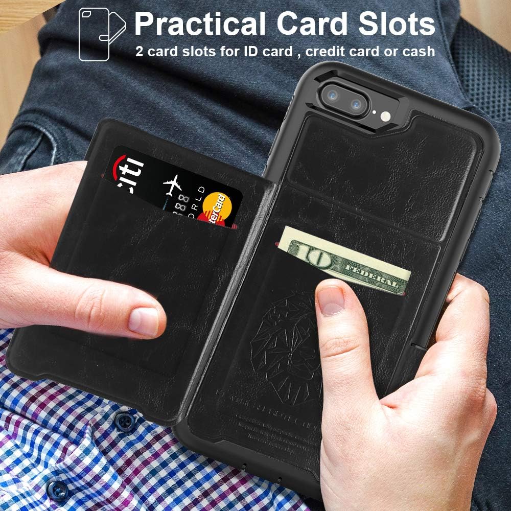 iPhone 8 Plus Case & iPhone 7 Plus Case with Card Holders,SXTech (Leather Cover Series) Slim Yet Protective with Kickstand.Built-in Magnetic Backing Wallet Case Fit for iPhone 6S Plus Case-All Black