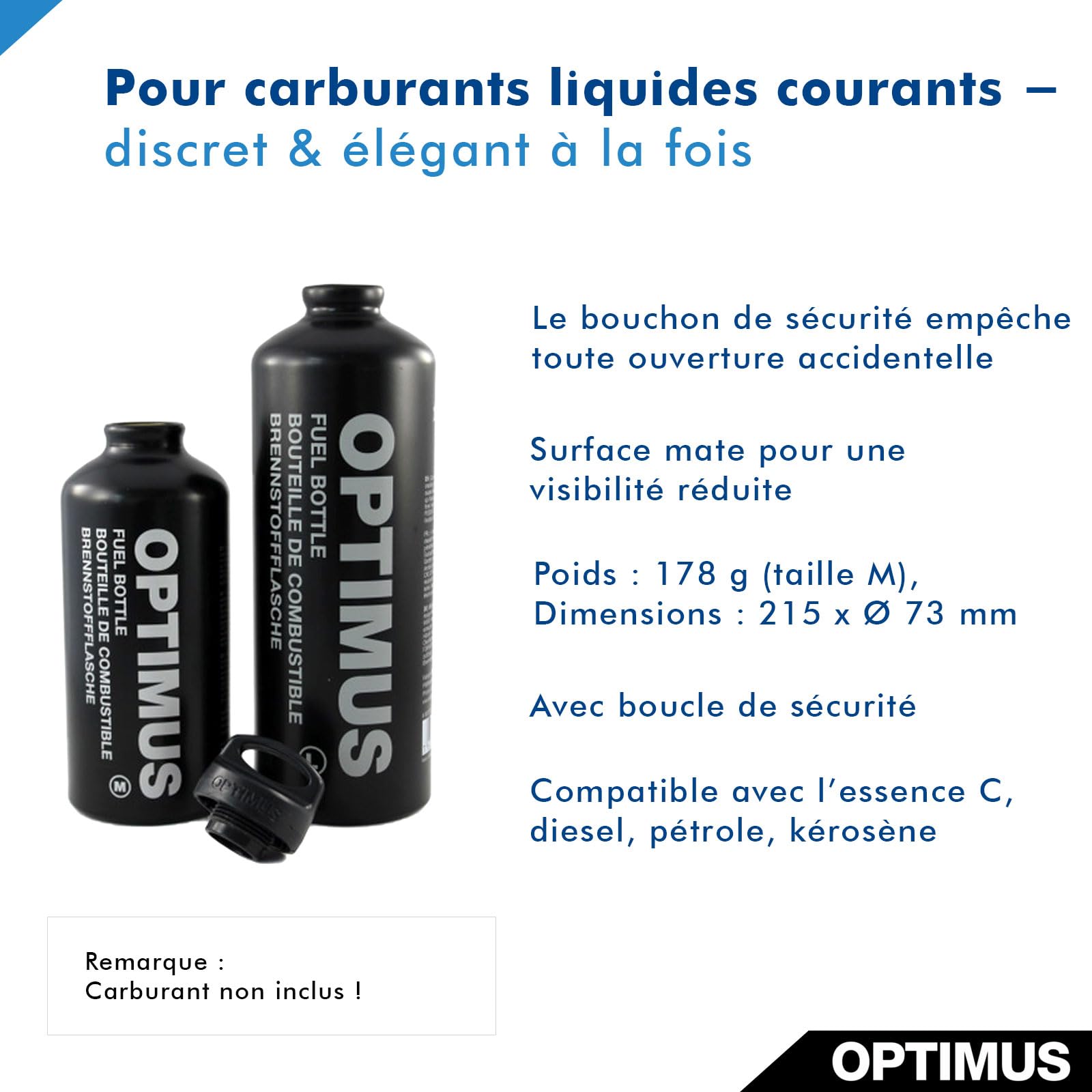 Optimus M 8021021 Bouteille de combustible uniquement sans combustible, avec couvercle de fermeture de sécurité enfant et boucle de sécurité, volume : 0,6 l, couleur : noir