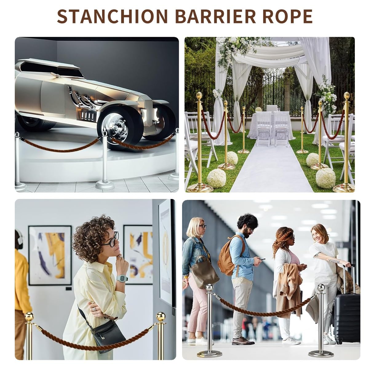 Corde de sécurité torsadée Marron-Argent avec mousquetons – 1,8 m (6 pi) pour poteaux et Supports, barrière de sécurité pour événements (café, etc.)