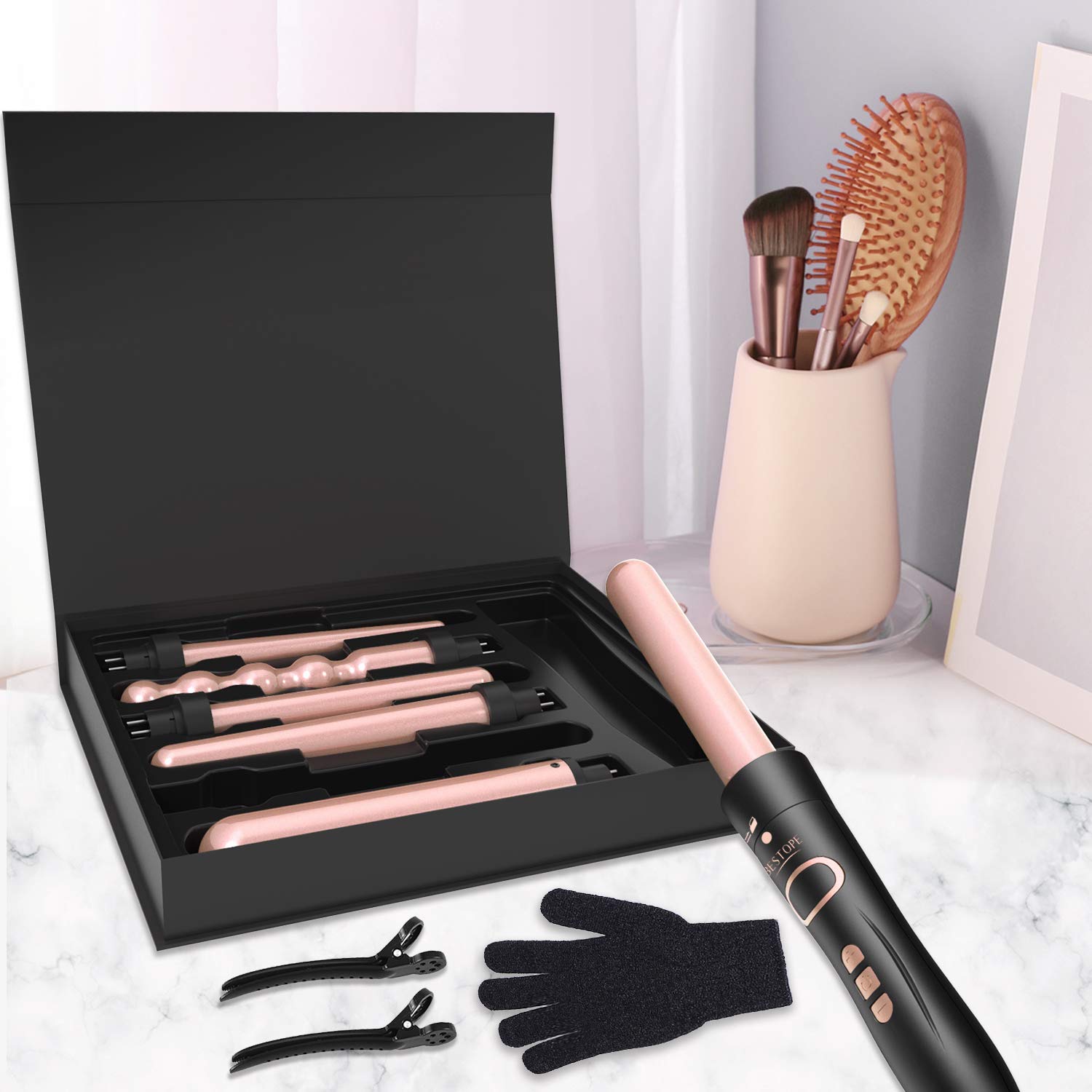 BESTOPE Curling Iron 6 in 1 Curling Wand Set Instant Heating Up Hair Wands Curler with 6 LED Temperature Adjustment, Heat Protective Glove & 2 Hair Clips, rose golden, 0.5'' to 1.25'' : Beauty & Personal Care