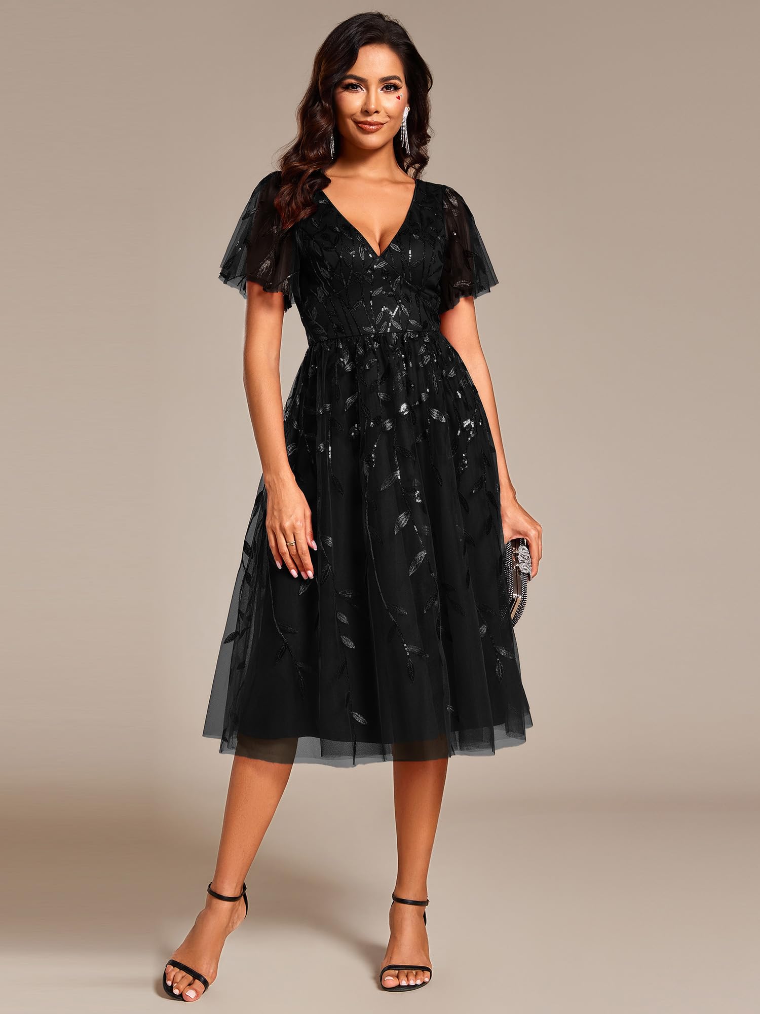 Ever-Pretty Abiti Eleganti Cerimonia Donna Senza Schienale Paillettes Scollo a V Vita Impero Abiti da Sposa Donna EG02230