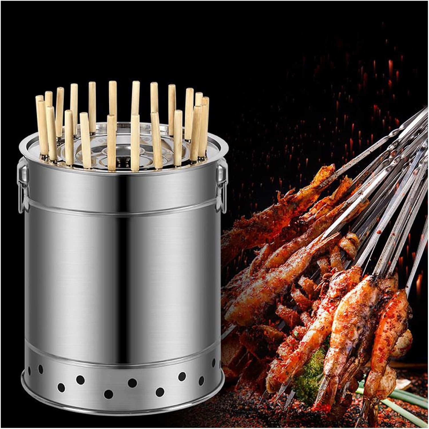 Outdoor Charcoal Grill Smokeless BBQ Hanging Grill Portable Stainless Steel BBQ Grill Oil and Carbon Separation Design Round Barrel Grill for Barbecue Party Camping(35x37cm/13.8x14.6)