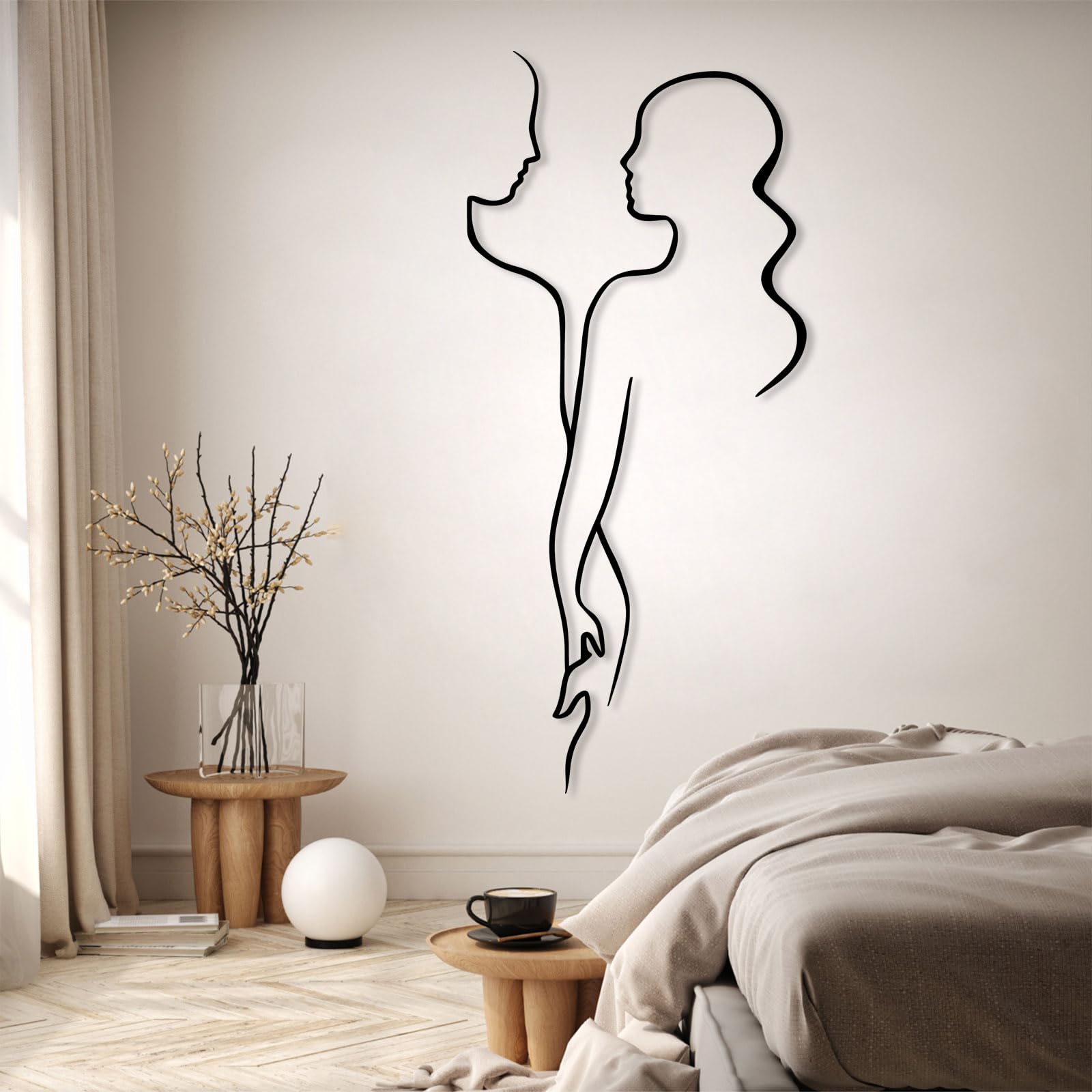 Décoration Murale en métal - Couple se Tenant la Main, Style Abstrait Moderne, thème Amour, pour Chambre à Coucher (Noir 48 x 105 cm)