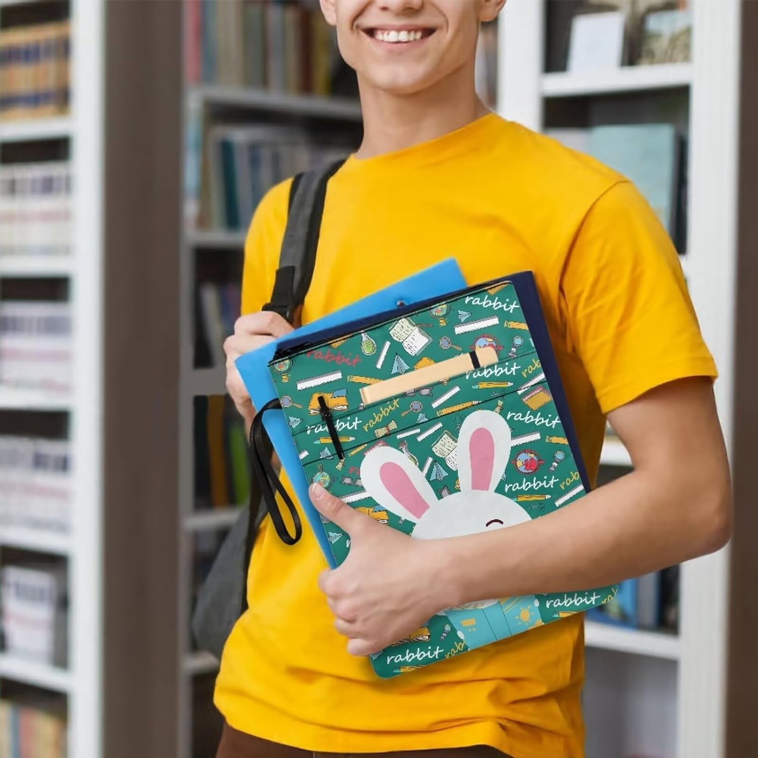 Reading Rabbit Book Sleeve with Zipper Book Protector Pouch Book Carrier Portfolio Organizer Book Stuff Accessories with Portable Rope Book Lovers Gifts Washable Fabric