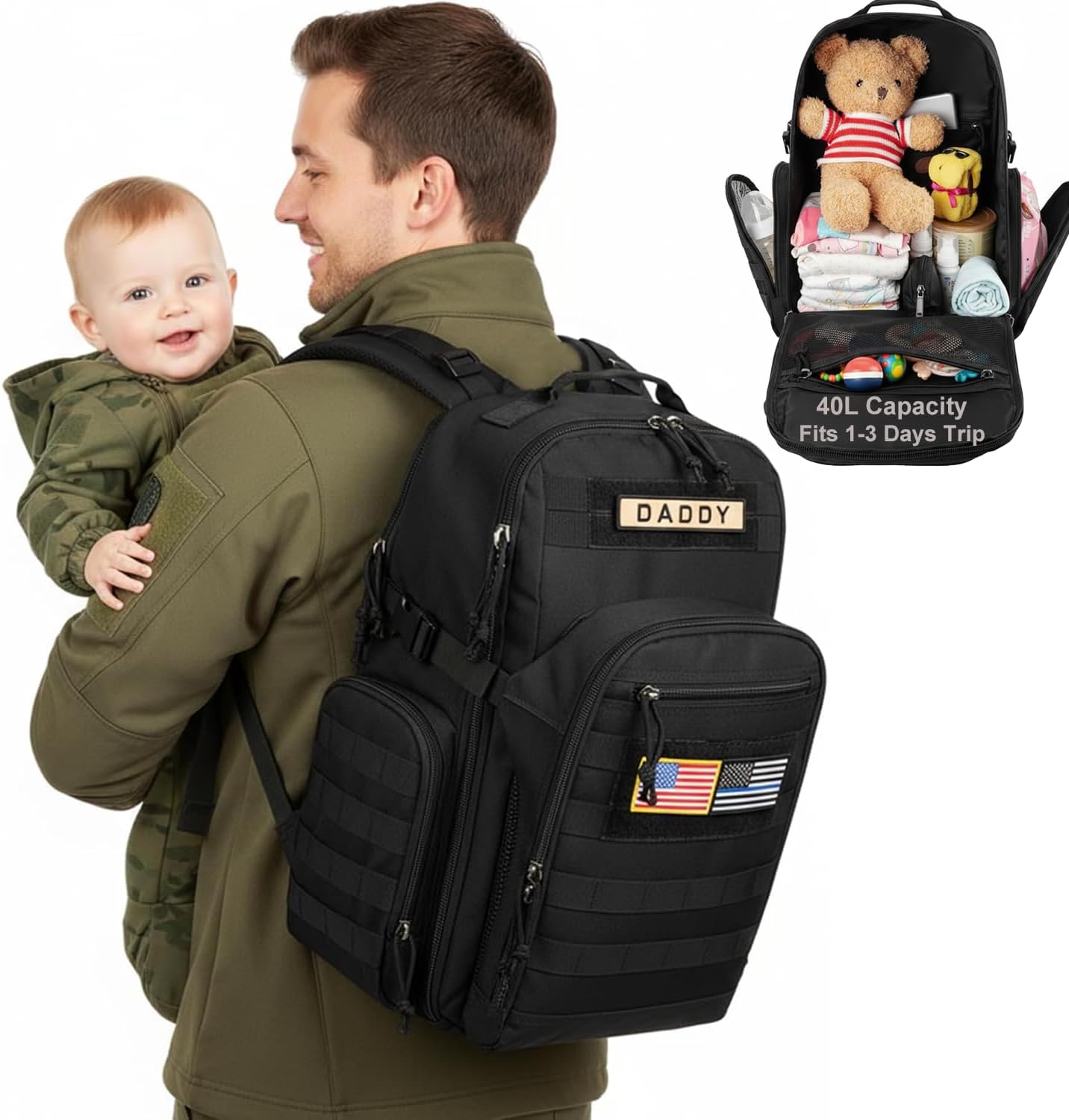 MIRACOL Diaper Bag Backpack for Dad: 40L XL Capacity Fits 1-3 Days Trip - Military Style with Daddy Patch for Active Dads - Ideal Gift for New Fathers & Husbands