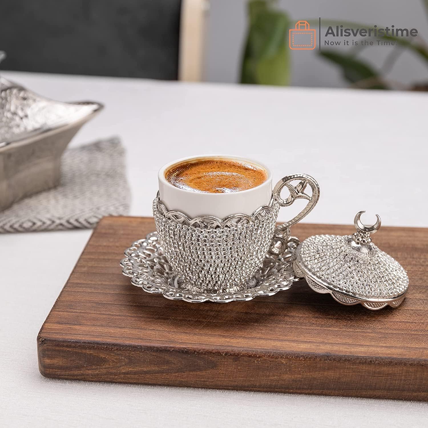 Alisveristime Turkish Coffee Cup Set - Authentic Turkish Greek Arabic Coffee Espresso Cup with Saucer (Enhance Your Coffee Experience Now!) (1 Pc) (Crystal Gelincik Design) (Silver) - Image 2