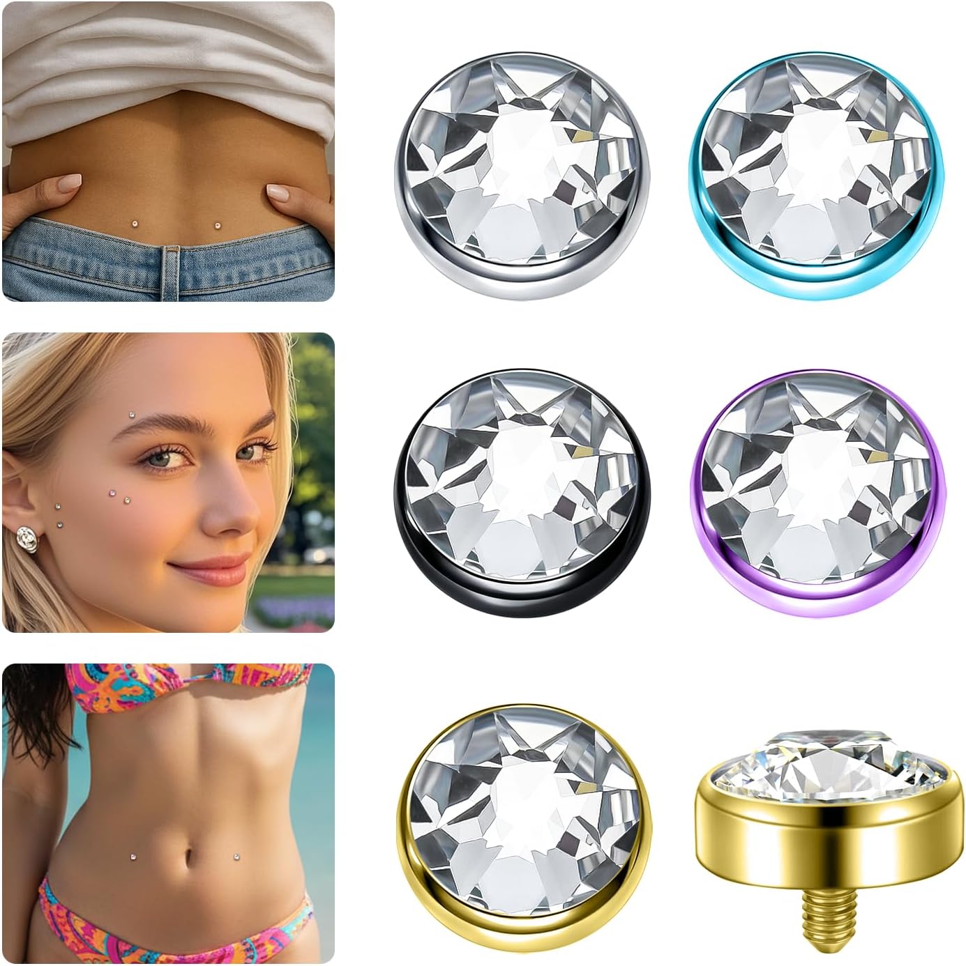 XUU 14G Titanium Dermal Piercing Jewelry Set, 4 Multi-Color Gems Dermal Tops (3/4/5mm) – Safe Sensitive Skin for Face & Body, Base Microdermals Piercing for Women Men