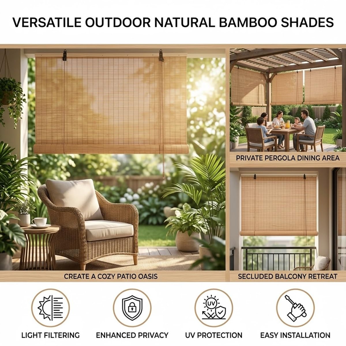 Tenda a Pacchetto in Bambù, Veneziane da Interno Oscuranti in Legno, Tenda a Rullo per Finestre, Protezione Solare per Camera da Letto, Tapparella Privacy(Verde,W150xH300cm)
