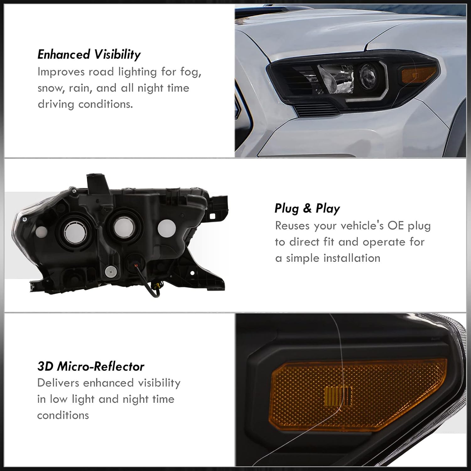 AJP Distributors Black Housing Clear Lens Amber Signal Driving Projector Headlights + LED DRL Strip Lamps Assembly Pair Compatible/Replacement For Tacoma Pickup 2016 2017 2018 2019 2020 2021 2022 2023