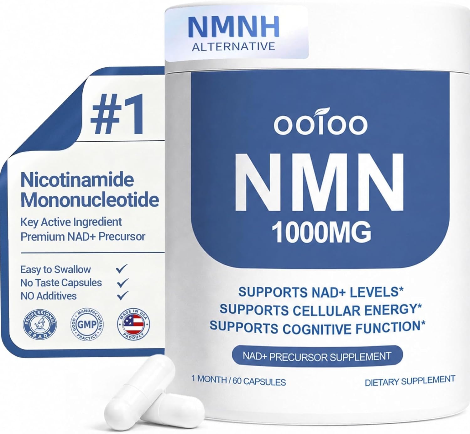 NMN Supplement 1000mg Pure Organic – NMNH Alternative, Supports Cellular Energy, NAD+ Levels & Healthy Aging, NAD+ Supplements for Women & Men, Nicotinamide Mononucleotide, Gluten Free, 60 Capsules