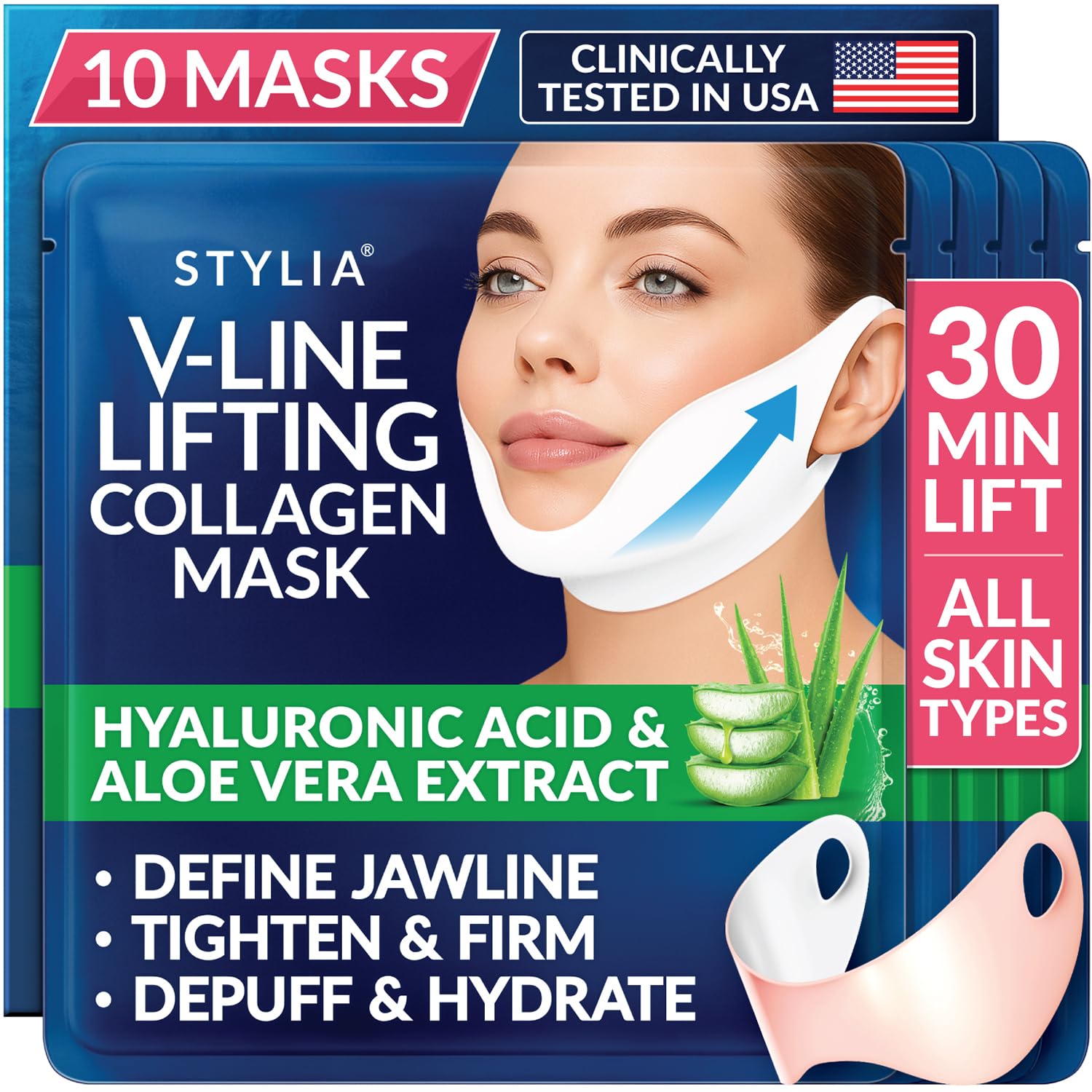 Stylia V Line Lifting Collagen Face Mask - Lift, Firm & Contour Jawline - Double Chin Strap with Hyaluronic Acid & Aloe Vera - Hydrating Neck & Face Tightening Mask - Chin Strap for Sleeping - 10PC