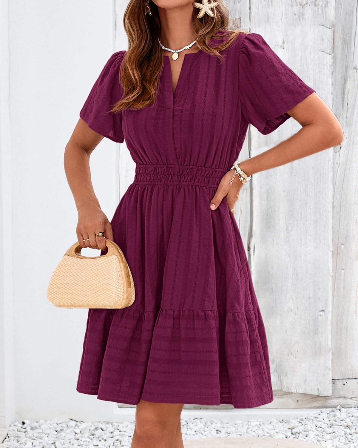 BTFBM Womens Spring 2026 Casual Mini Dresses Lightweight Short Sleeve V Neck Elastic Waist Cute Boho Beach Dress Pockets - Image 7