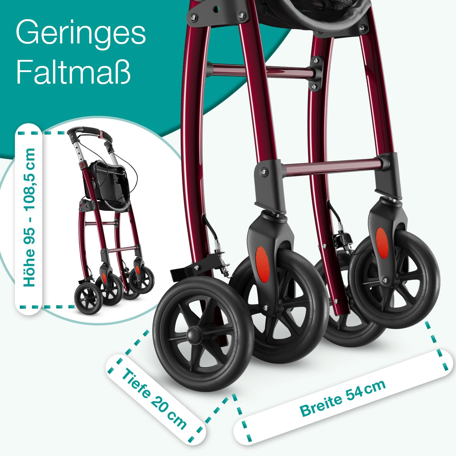 ELONEO Wohnungsrollator 54cm breit, faltbar und leicht, inkl. Tablett & Stoffkorb, Rollator schmal für die Wohnung, Indoor-Rollator, klappbar, Aluminium,Mobilität für Zuhause rot