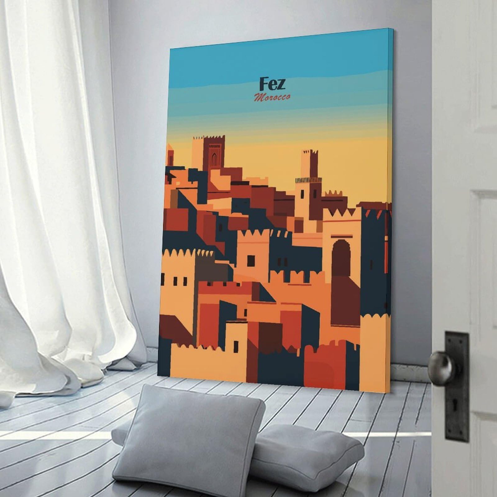Junmoney Frame-Style-7 Canvas Wall Art Fes, Morocco Cityscape, 24X36inch(60X90cm), For Lounge, Study, Hallway Or Flat Walls, Canvas Wall Art That Fits Changing Layouts