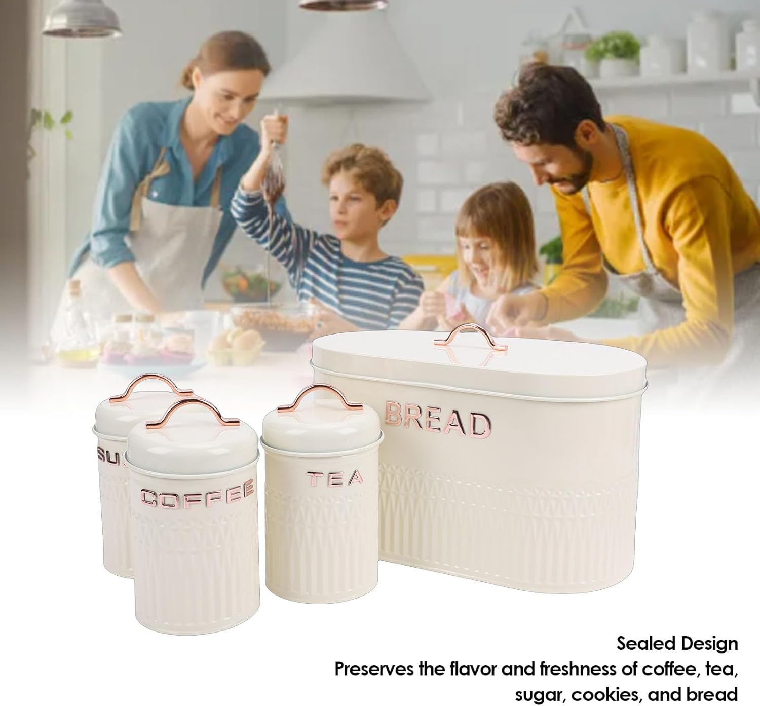 4PCS Bread Box and Canister Set for Kitchen Countertop, Iron Bread Bin Sugar Tea Coffee Storage Canister with Lid, Set for Loaf, Pastry, Dry Food, Space Saving H (Cream)