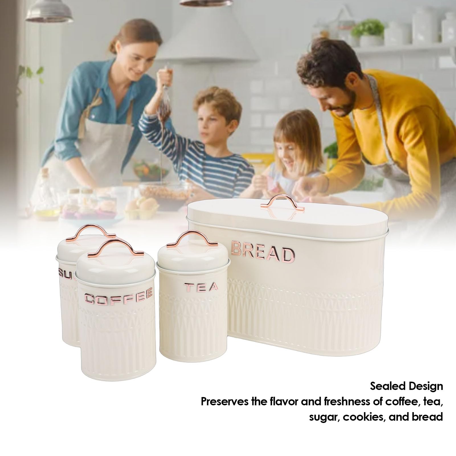 Scatola per il Pane Set di Contenitori per Pane Fattoria, Caffè, Tè, Zucchero, Contenitori in Metallo, Contenitori per, Controsoffitto, per Pane, Pasticceria, Alimenti (Crema)