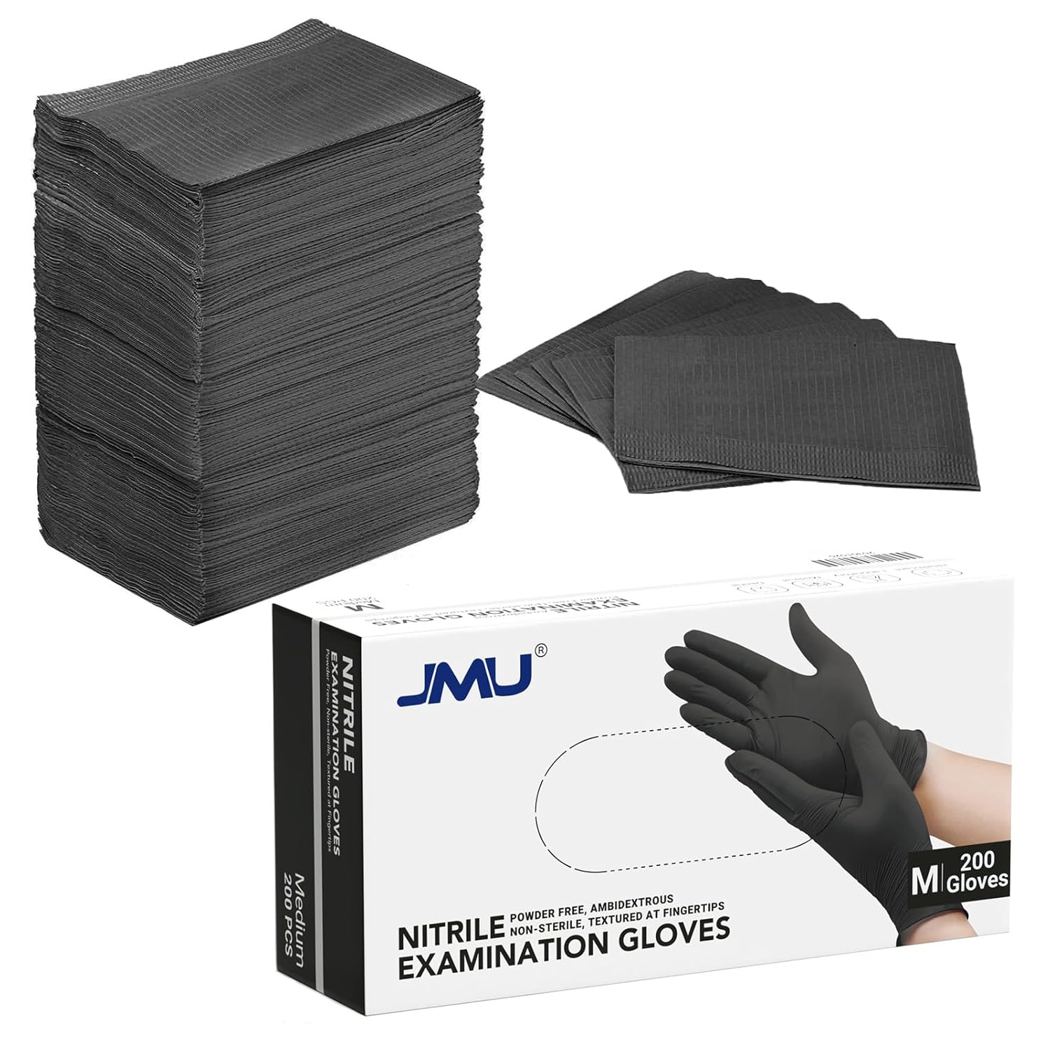 JMU 125 Pack Black Dental Bibs, 200 Count Black Nitrile Gloves Medium