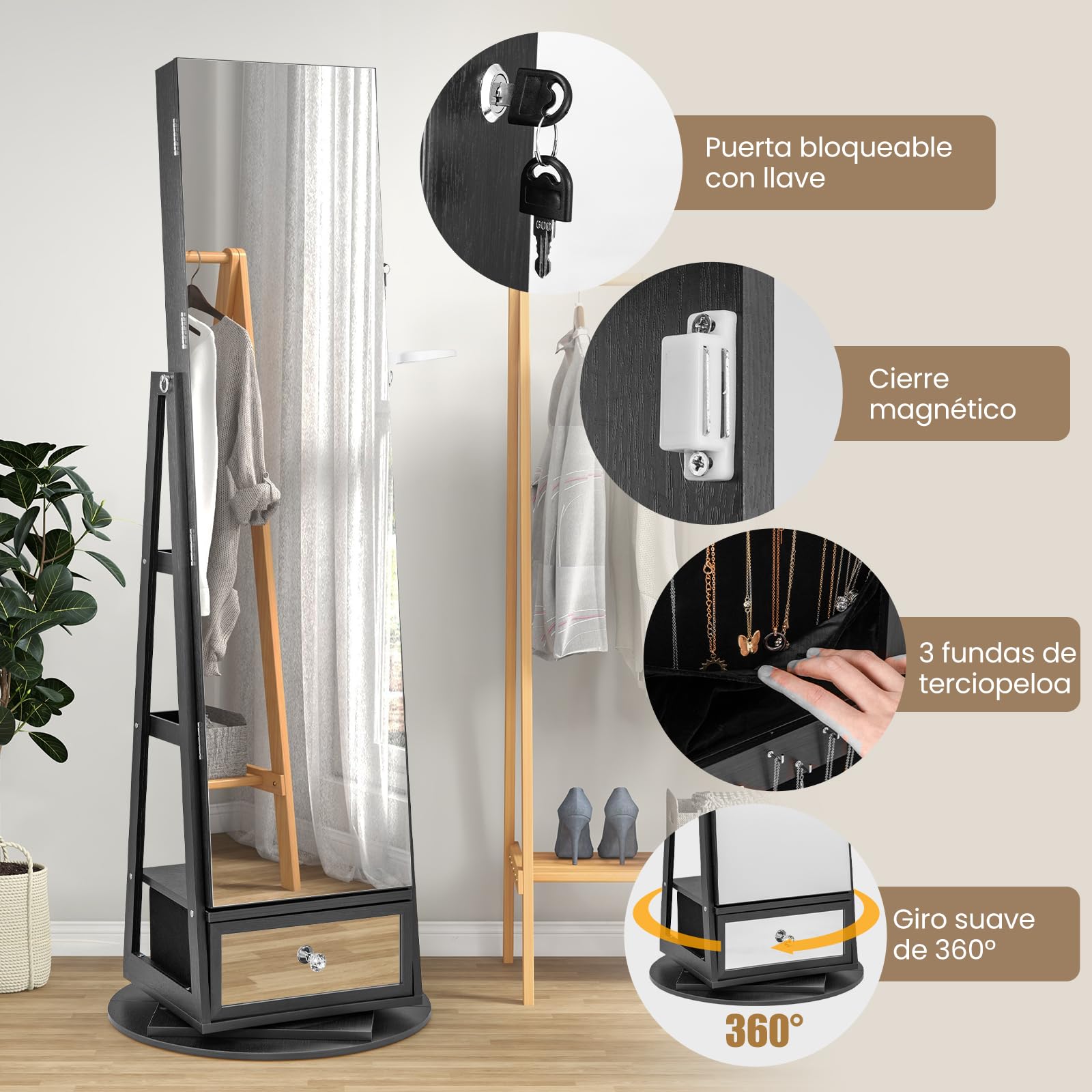 COSTWAY Armario Joyero con Luces LED, Espejo Entero Giratorio 360°, Cerradura, Estante para Secador, Negro