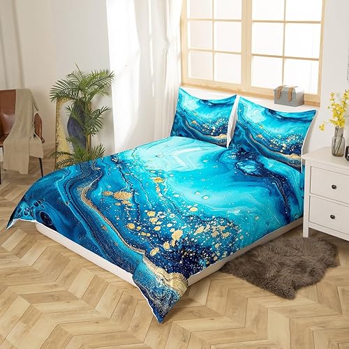 Miniatura 2 de Funda de edredón de mármol azul tamaño King, juego de ropa de cama de mármol colorido líquido abstracto, arco iris, funda de edredón de arena