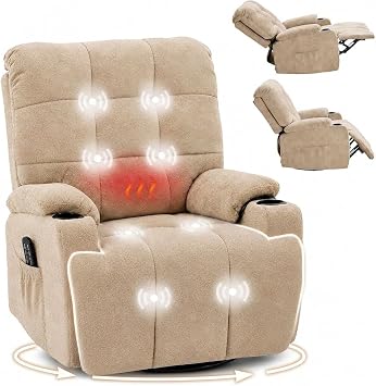FLEXISPOT Recliner Chair Swivel Rocking Chair with Massage & Heat, Electric Recliner Armchair for Elderly, 270  Swivel Sofa with Oversized Padded Seat, USB Charging, Side Pockets XR7 CURVE Beige