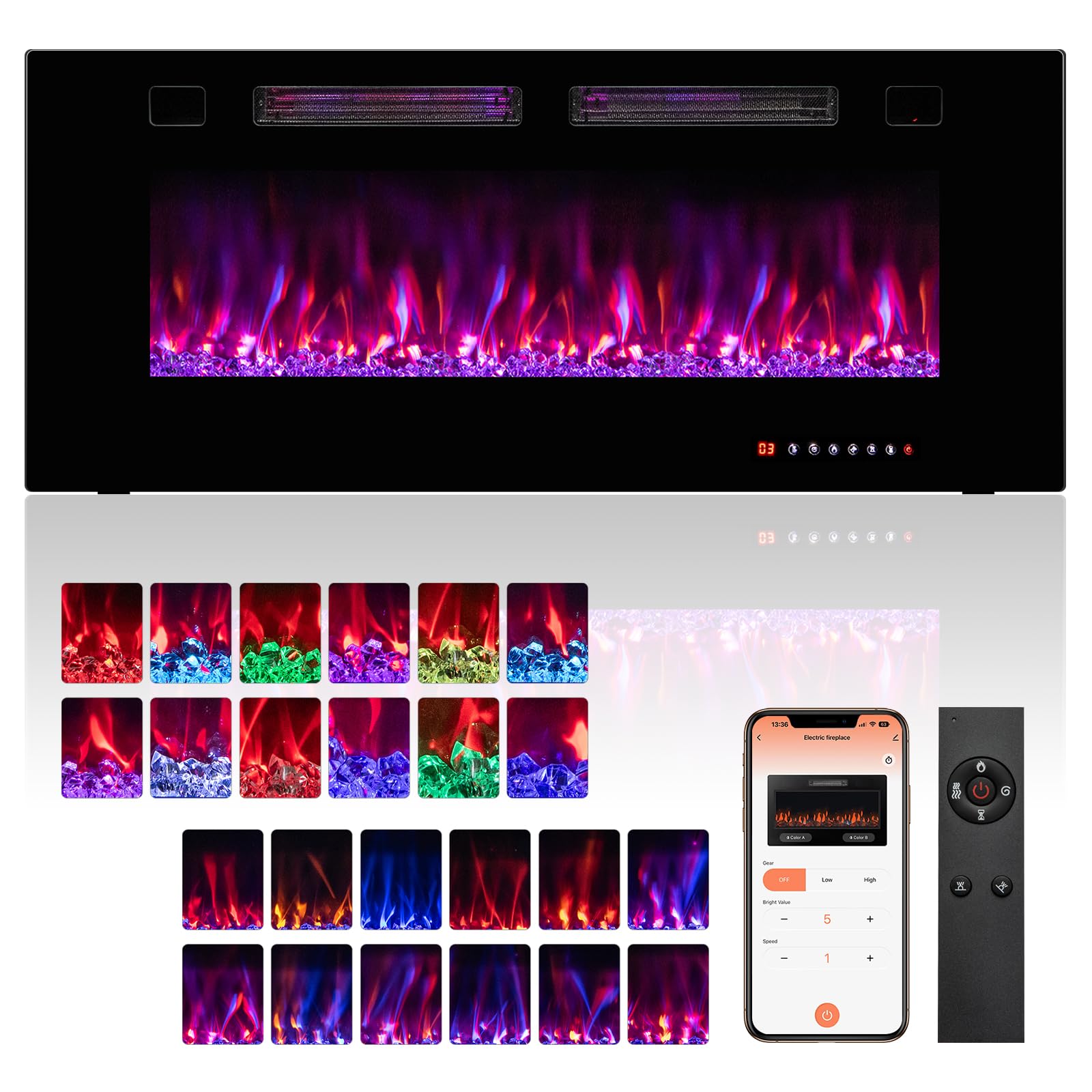 ORALNER 42” Smart WiFi App Controlled Electric Fireplace, Ultra Thin Linear Recessed & Wall Mounted Fireplace Heater with Adjustable Flame Color & Speed, Remote, 12 H Timer (42 INCHES)