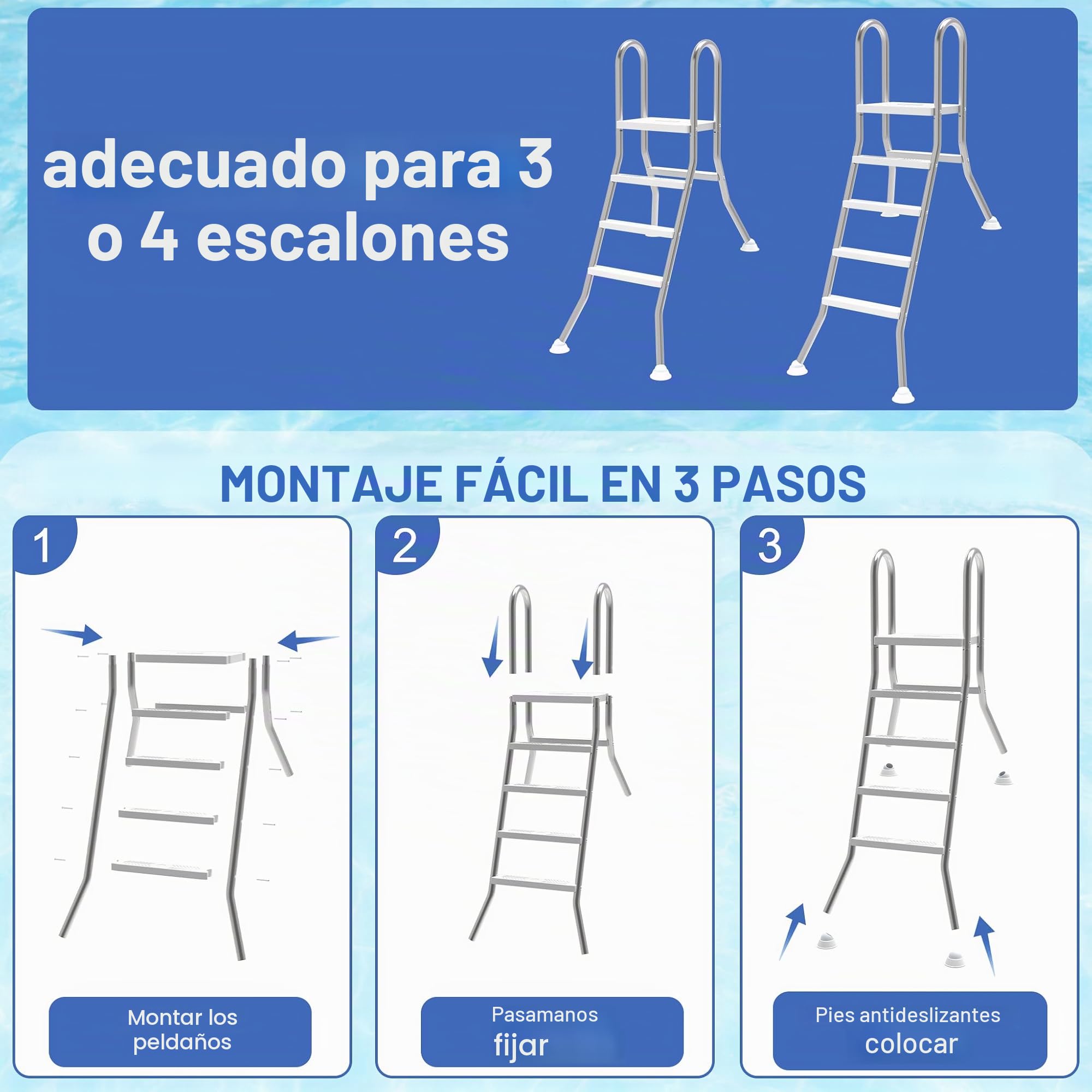 Escalera para piscina de 3 escalones fabricada en acero inoxidable 304, escalera antideslizante para piscina, ayuda de entrada móvil para piscinas parcialmente empotradas con una profundidad