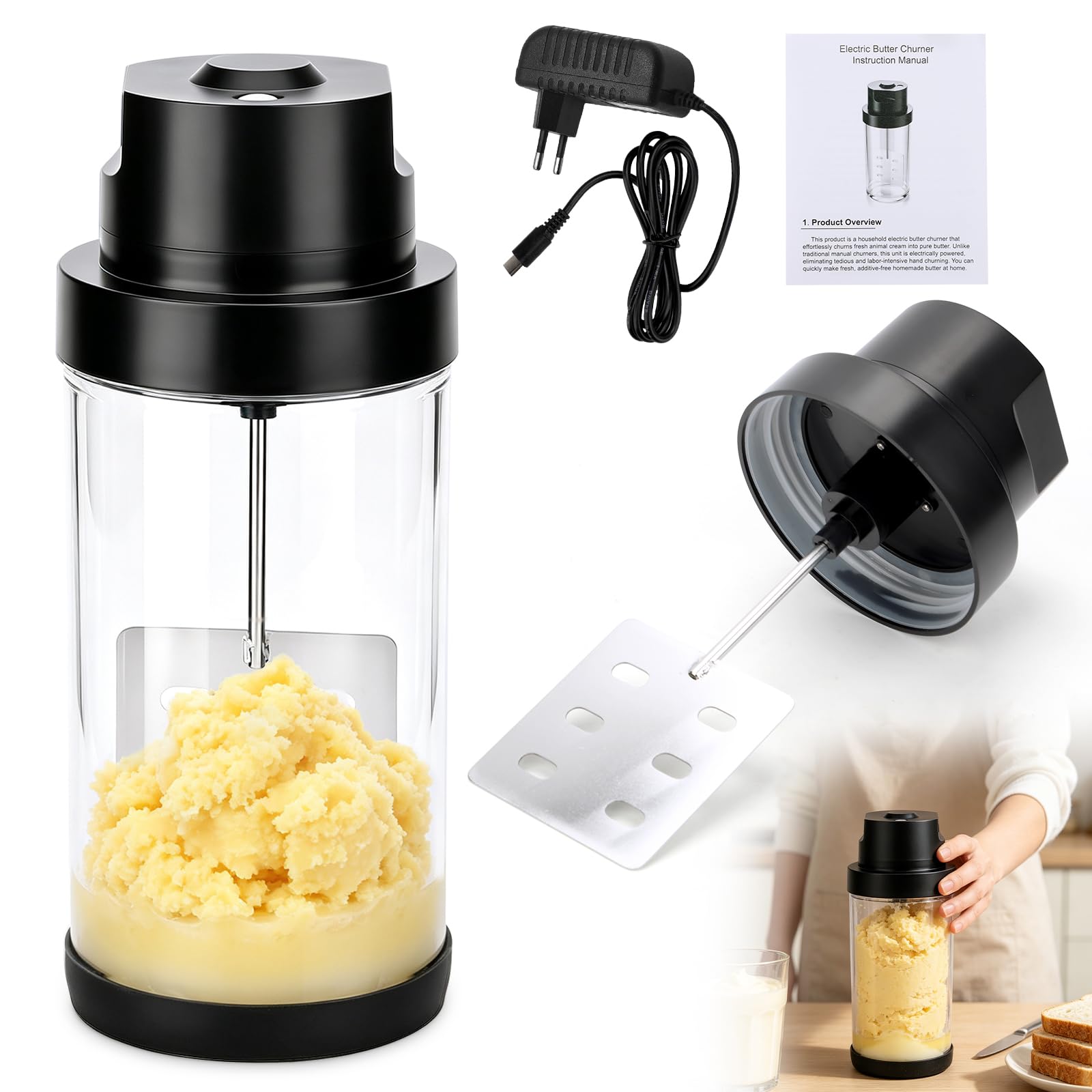 Baratte à Beurre électrique 1.8L, Beurrier One-Touch Tonneau à Beurre en Verre Mélangeur À Crème Électrique avec Moteur sans Balais Haute Vitesse pour Faire Soi-Même du Aux Herbes