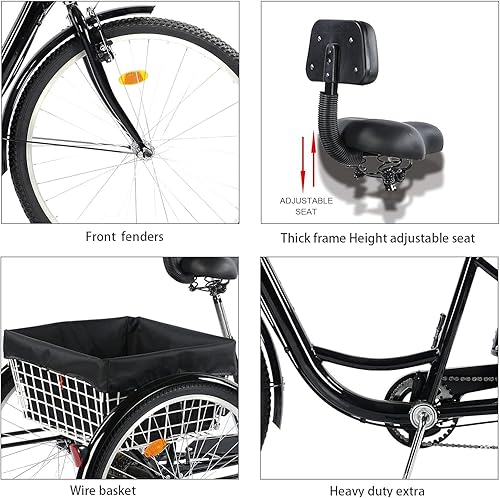 Miniatura 21 de Triciclo para adultos de 24/26 pulgadas, 7 velocidades, triciclos de montaña de 3 ruedas, bicicletas de tres ruedas con cesta y asiento de respaldo