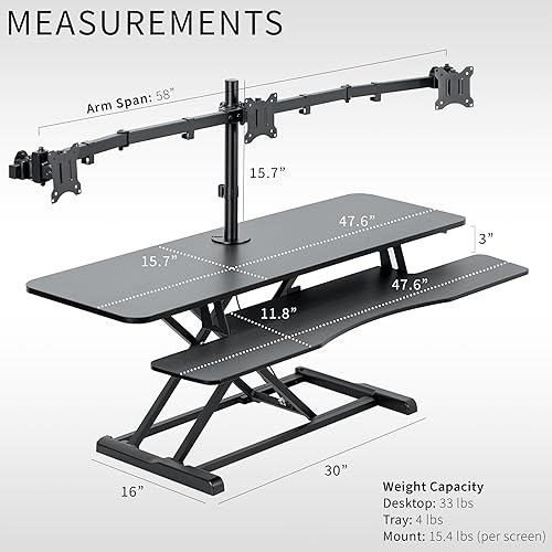 Miniatura 3 de VIVO DESK-KIT-48KB3C - Convertidor de escritorio de pie de 48 pulgadas de altura ajustable con soporte para monitor triple de 21.5 a 27 pulgadas,