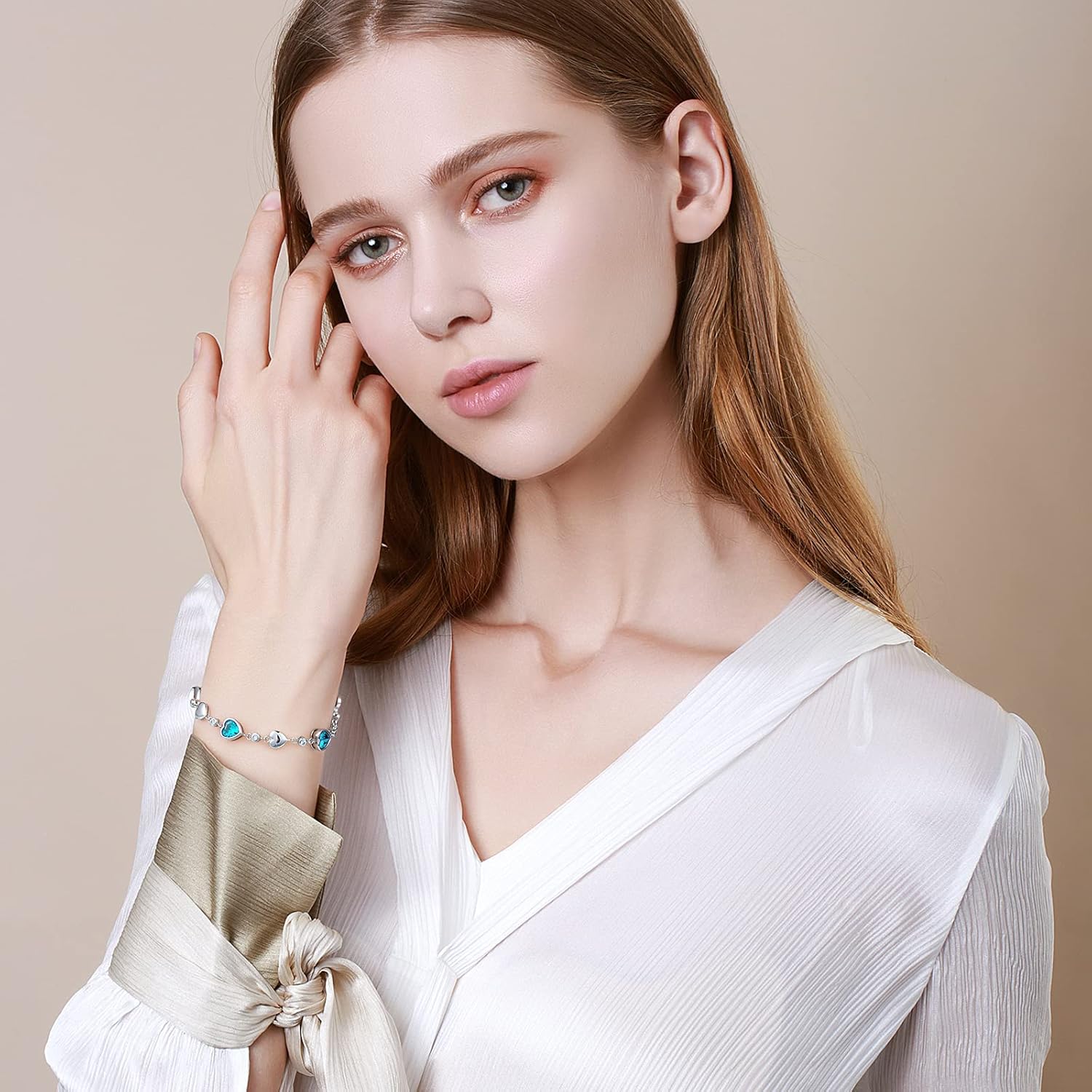 Carleen Birthstone Bracelets for Women 925 Sterling Silver Five Heart Station Created Gemstone Tennis Bracelet Jewelry Anniversary Birthday for Wife, 7"+1.2" Extender - Image 4