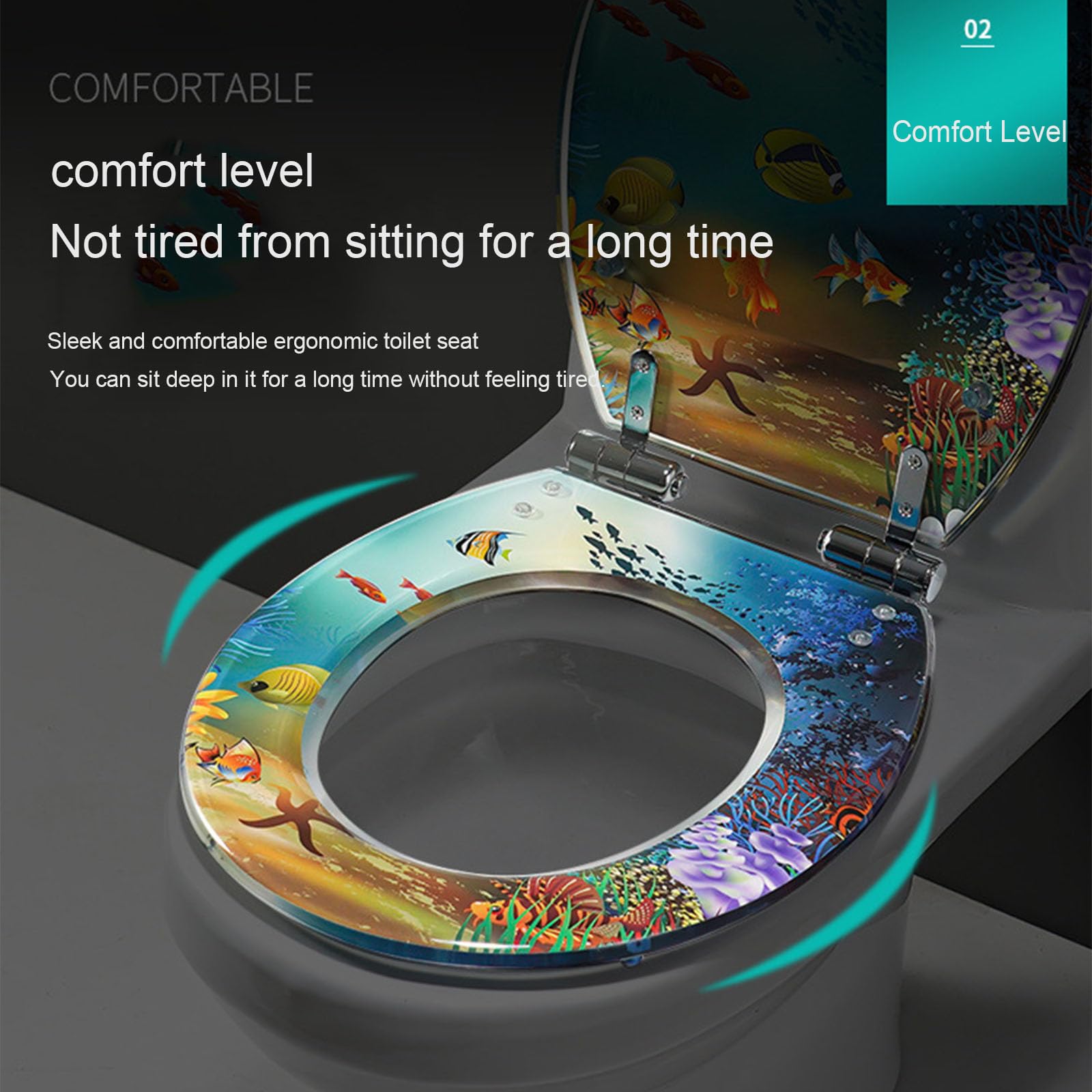 B,Okrągła deska sedesowa z żywicy Blue Seashells Deska sedesowa, Deski sedesowe z efektem 3D, seria Ocean, Deska sedesowa o wolnym opadaniu, zawiasy ze stali nierdzewnej, szybki demontaż