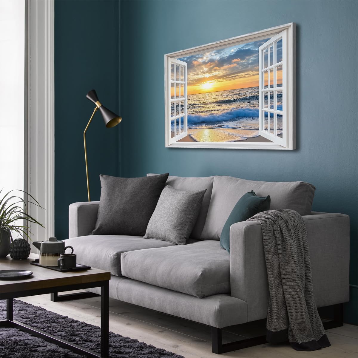 Romantyczna nadmorska grafika ścienna płótno siatka okno zachód słońca rozbijające fale plakat wystrój domu jadalnia salon biuro rama wewnętrzna 45 x 58 cm