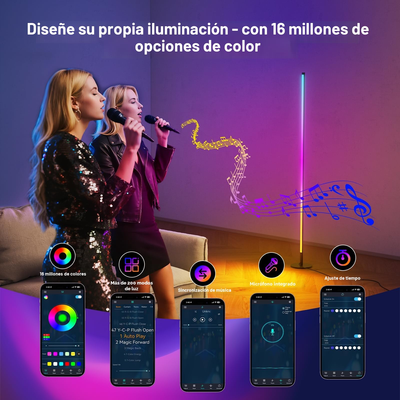 Lámpara de Pie LED Regulable RGB para sala de estar, 160 cm, con control por aplicación y mando a distancia, sincronización de música y temporizador, para decoración de fiestas