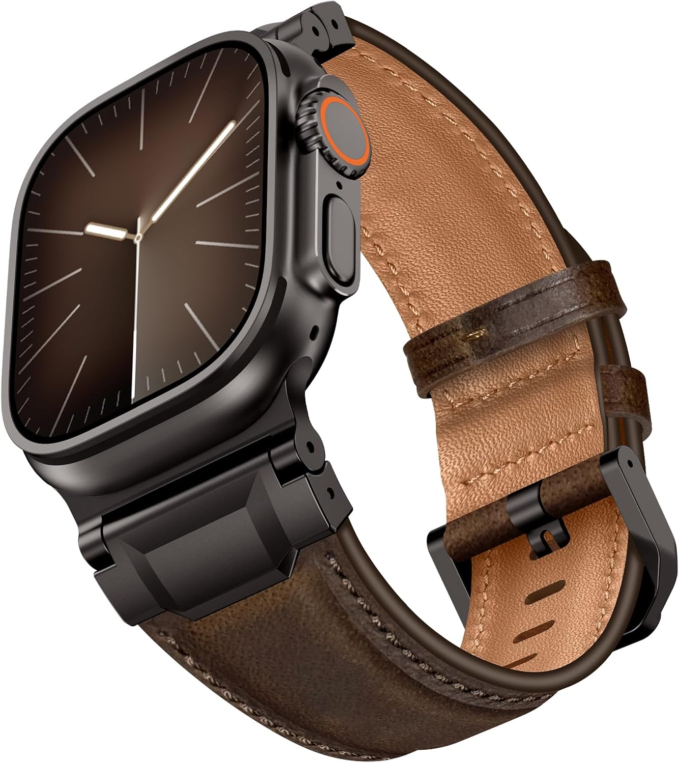 Leather Bands Compatible with Apple Watch Ultra 3/2/1 Band 49mm 46mm 45mm 44mm 42mm, Leather Metal Connector Strap for iWatch Ultra Series 11/10/9/8/7/SE/6/5/4/3/2/1, Dark Coffee Brown/Black