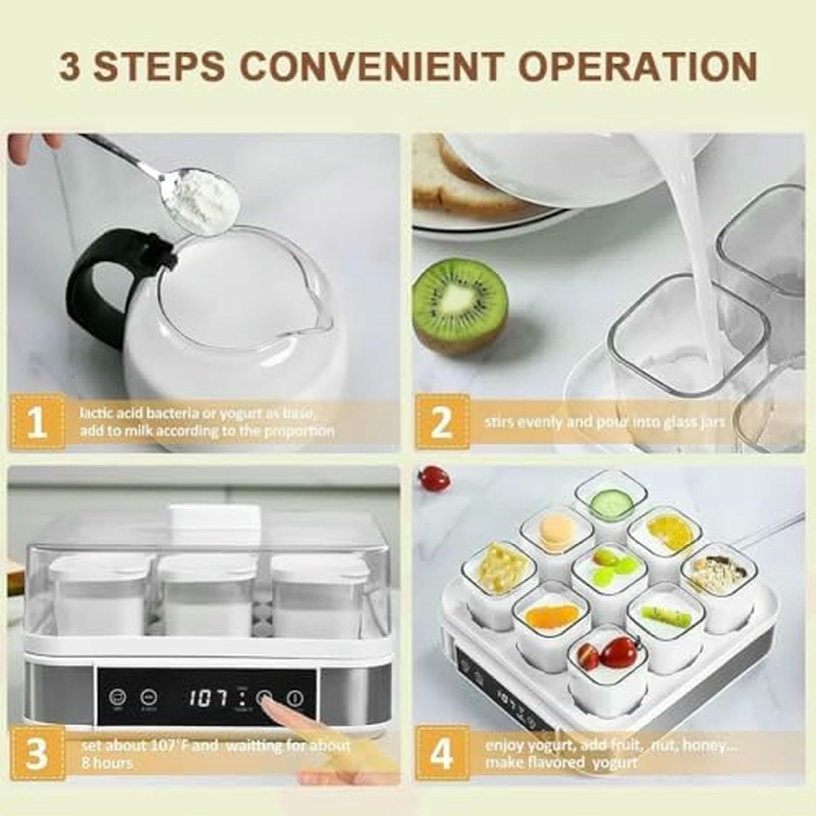 Yogurt Maker con control digital, temperatura y tiempo ajustables, 9 tarros de vidrio, acero inoxidable para hacer yogur orgánico y queso en casa