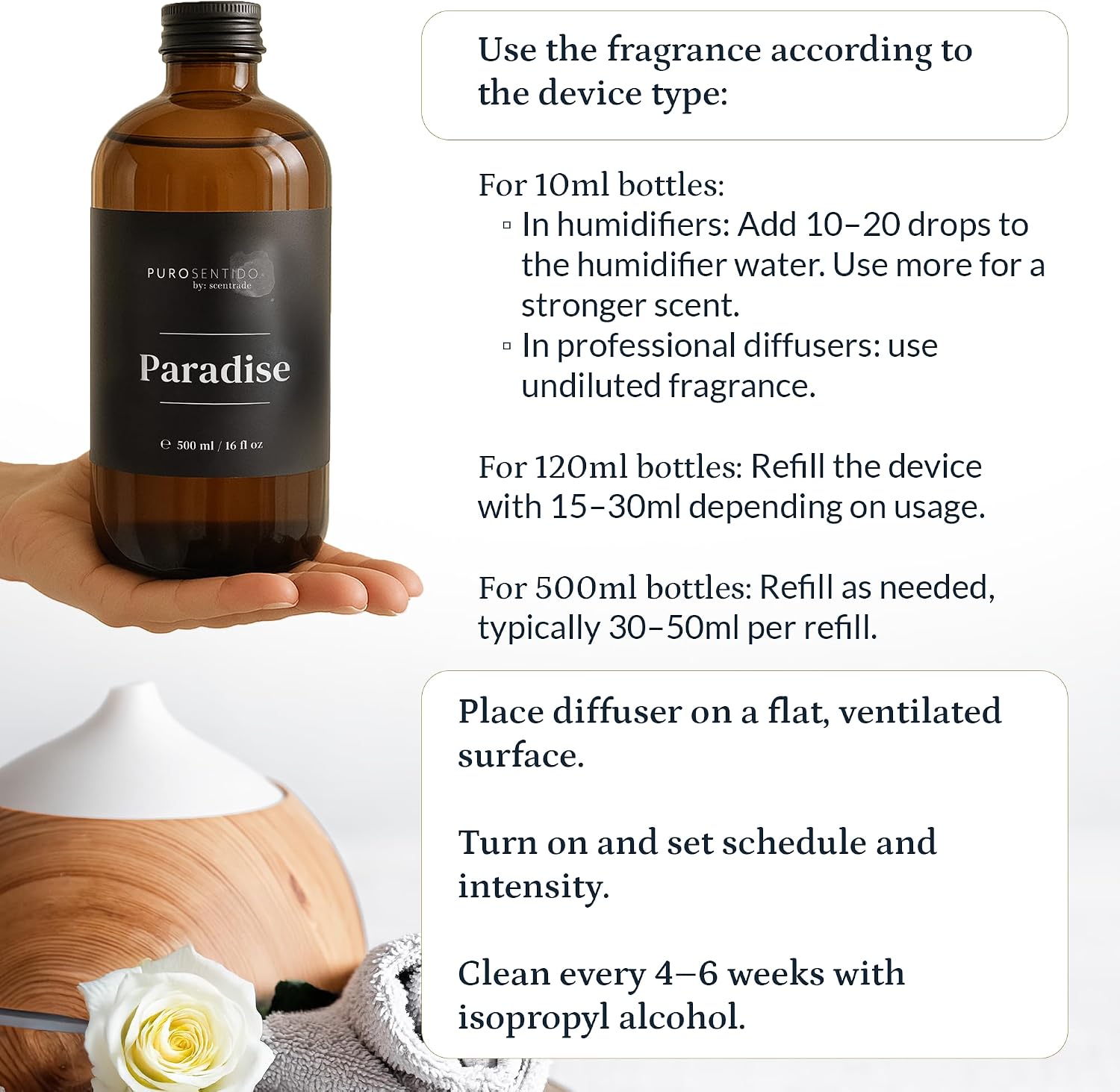 PuroSentido Paradise Tropical Aroma Oil (500 ml) - Luxury Essential & Fragrance Oil for Diffusers and Humidifiers, Creamy Coconut, Floral Notes & Soft Woods Home & Hotel Scent