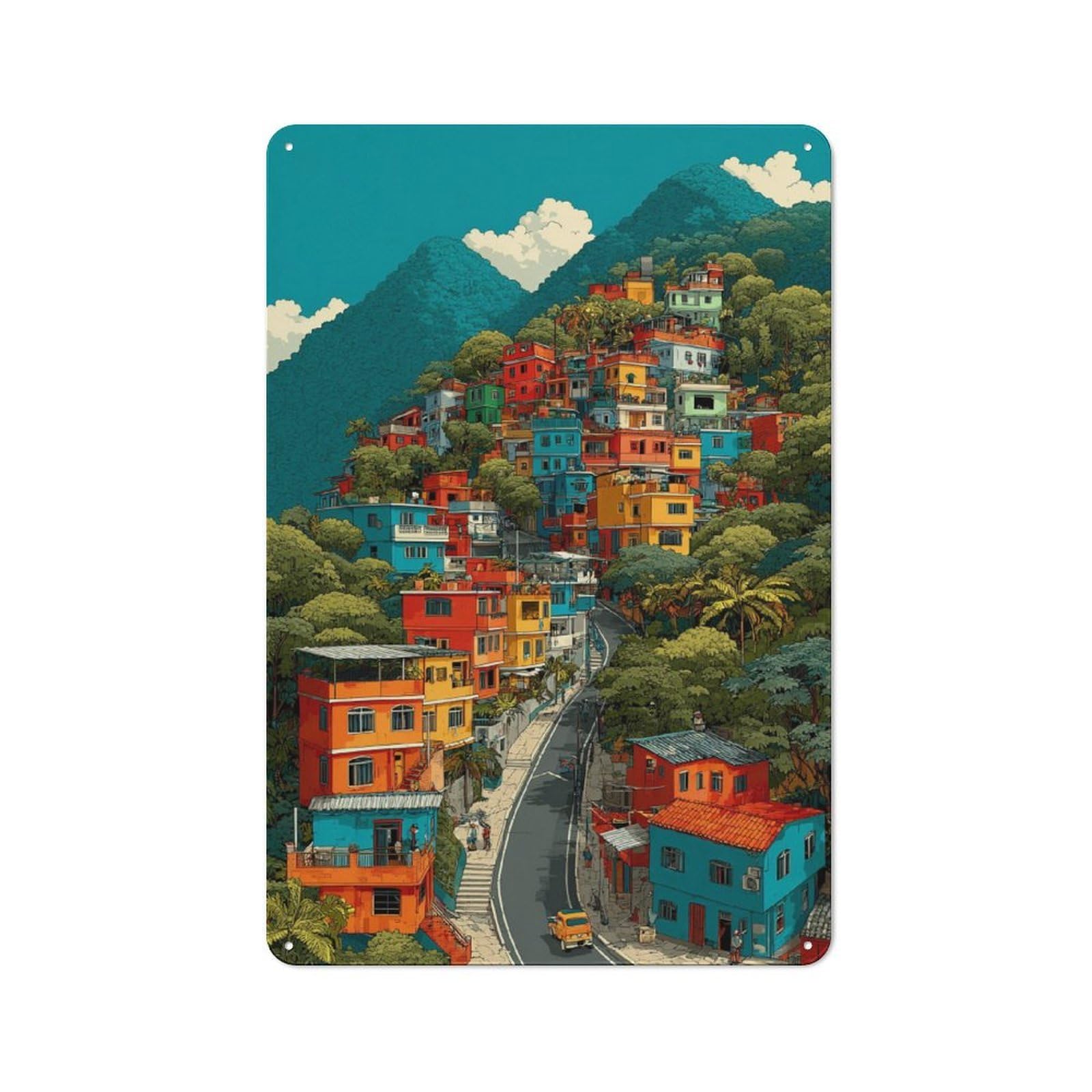 Junmoney Colorful Hillside Neighborhood Metal Plaque With Design 30X20cm, Cosy Diner Style Decor For Coffee Bar, Kitchen, Bistro Or Tea Corner