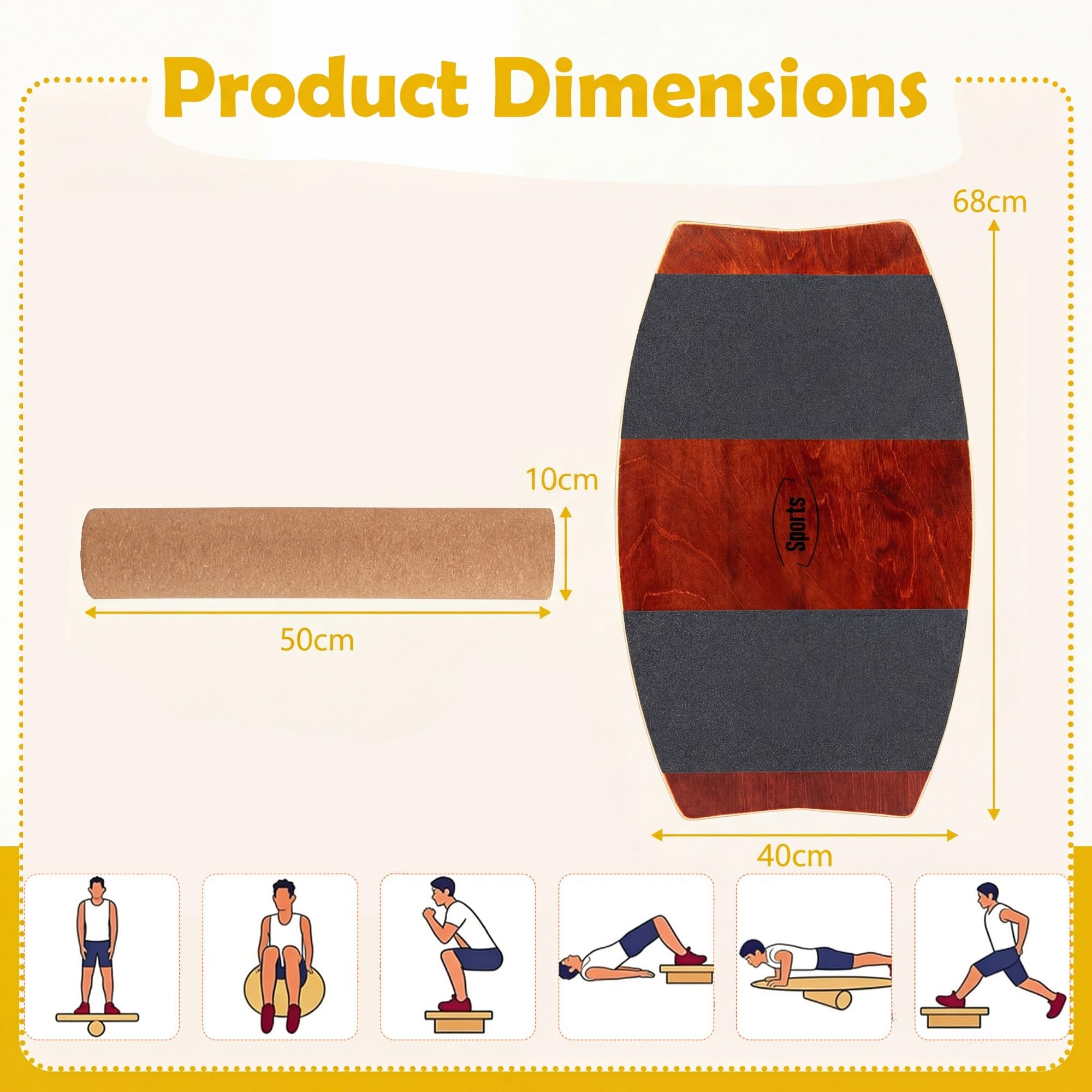 KOMFOTTEU Balance Board, Tavoletta Propriocettiva Antiscivolo con Rullo | Tavola di Equilibrio in Legno con Stopper per Surf, Fitness, Riabilitazione, Bambino e Adulto