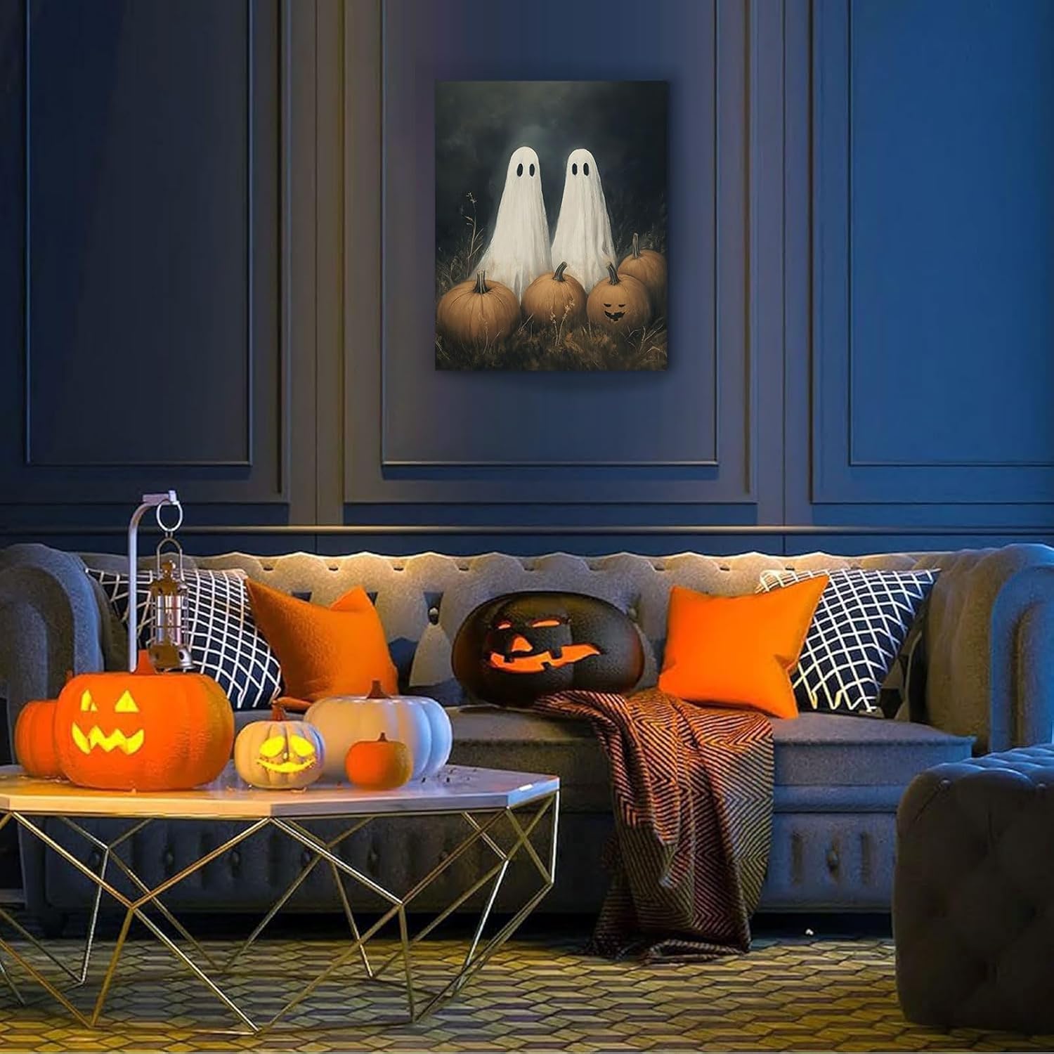 Vintage Halloween Canvas Wall Art, Cute Ghost and Pumpkin Canvas Print Poster, Vintage Pumpkin Halloween Oil Painting, Funny Lighted Gothic Wiccan Artwork, Creepy Pictures Decoration, 11x14inch Framed
