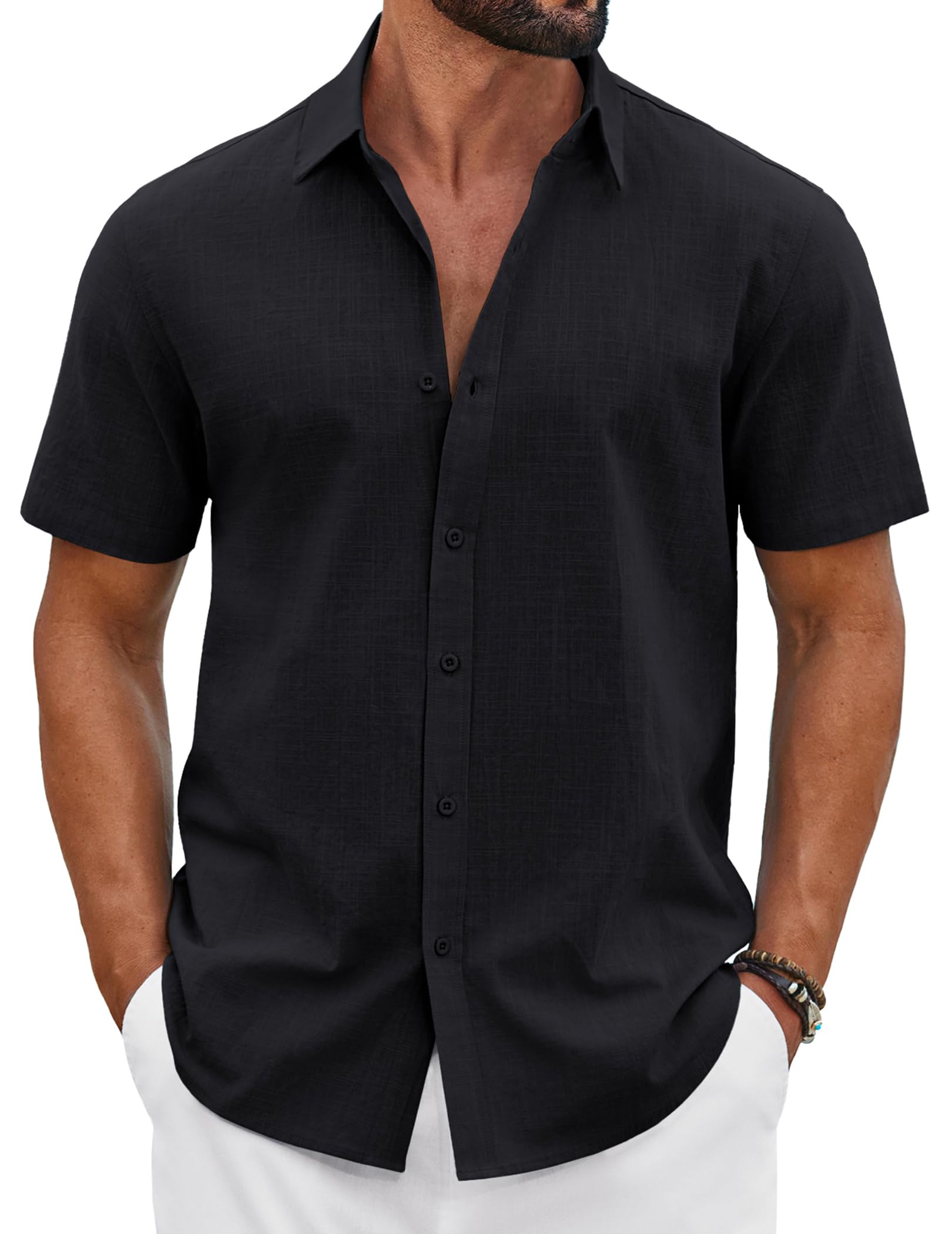 COOFANDY Camisa de hombre de manga corta de algodón para verano, ligera, informal, para vacaciones, botones, corte regular, camisa de playa