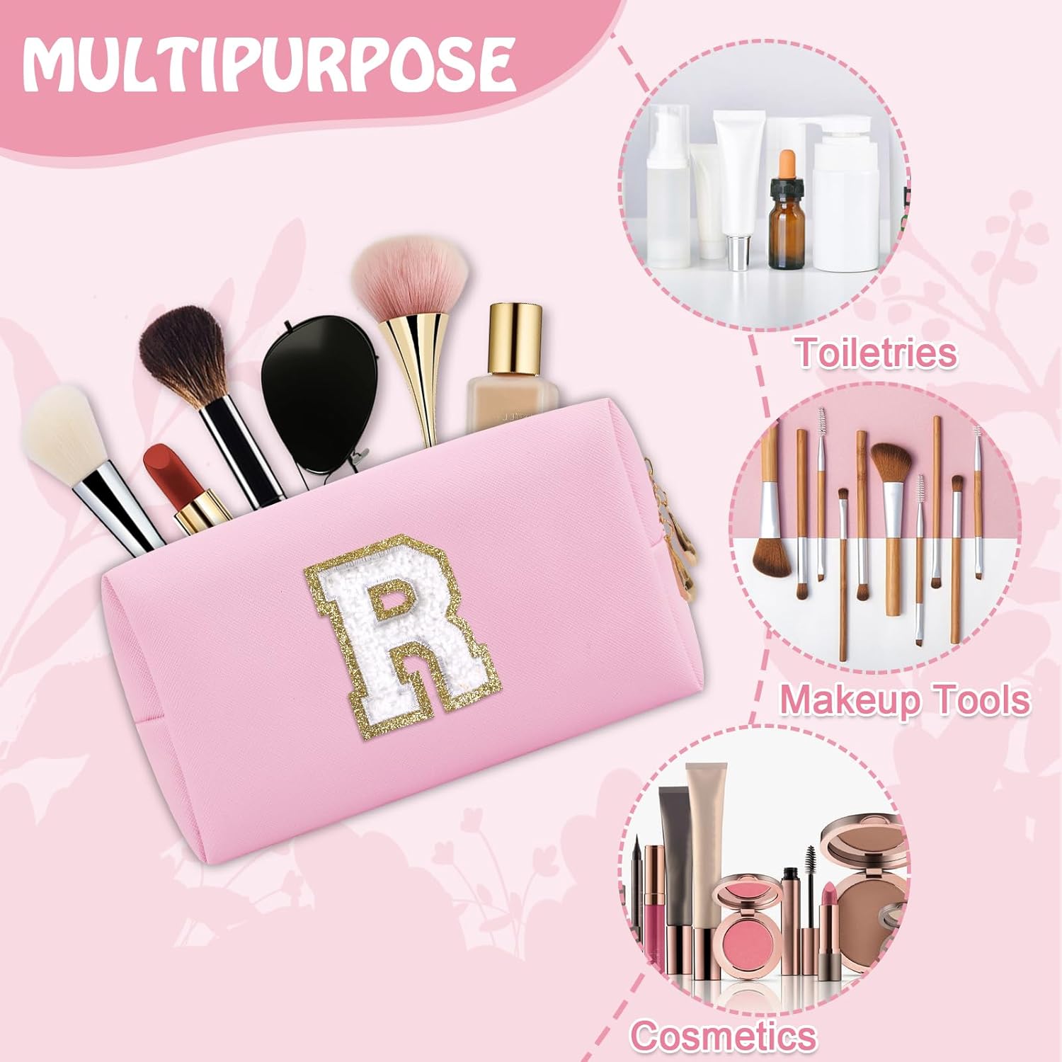 Small Travel Initial Preppy Makeup Bag, Personalized Pink Cute Cosmetic Organizer Chenille Letter Travel Toiltery Zipper Pouch, Monogram Makeup Storage Gifts for Friend Her Birthday Women(Letter R) - Image 4